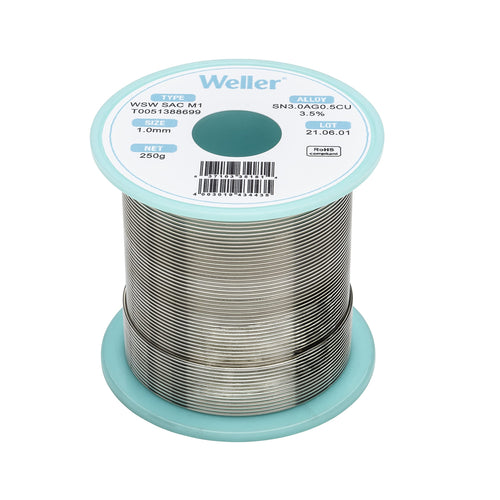 Weller Lead Free Solder Wire WSW SAC M1 (T0051402499), Dia: 1.0 mm / 0.039 in, Wt: 100 g / 3.527 oz, Alloy Sn96.5Ag3.0Cu0.5, Flux content 3.5%
