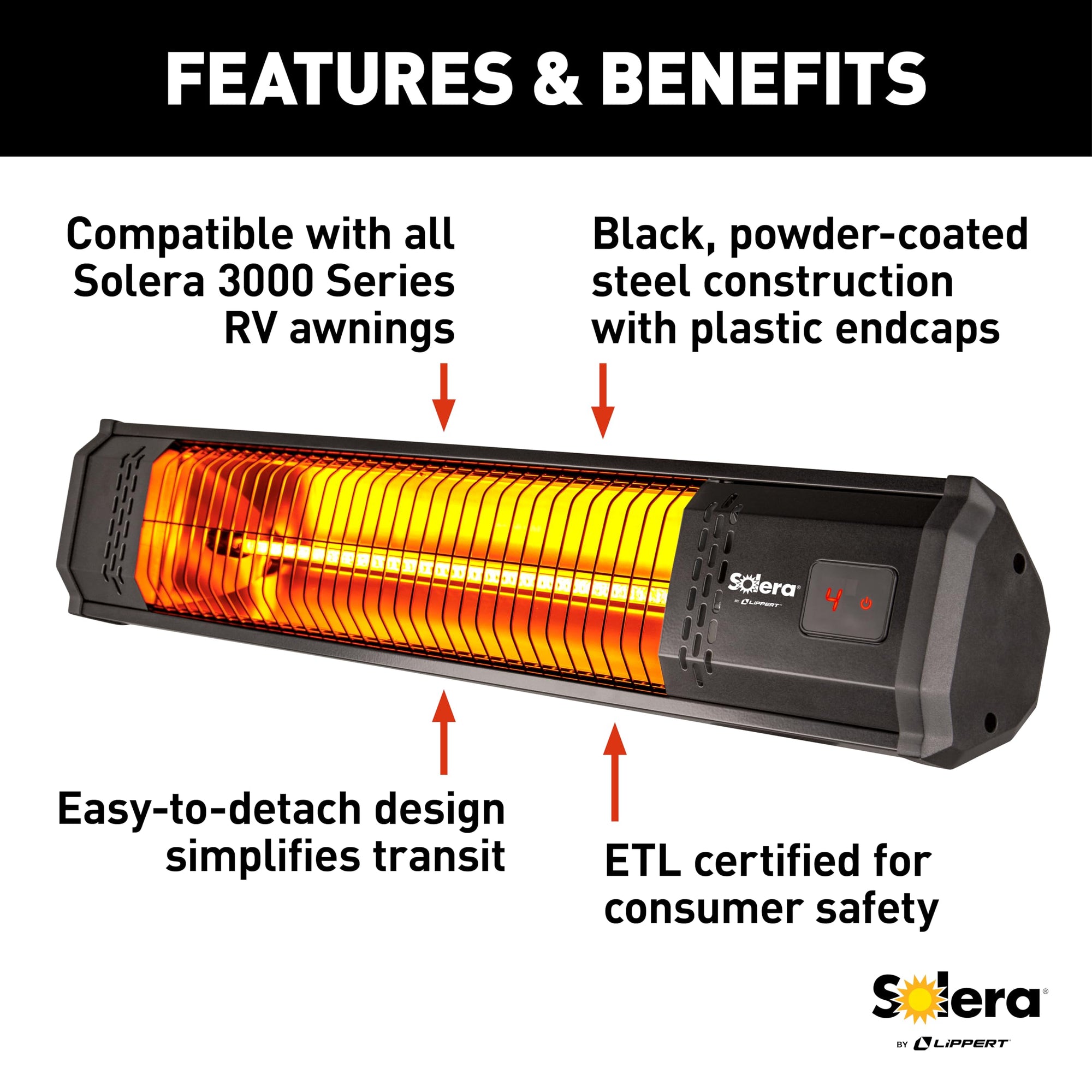 Electric Solera RV Awning Detachable Outdoor Patio Heater with Built-in Timer, Powder Coated Steel Construction, UL Certification, IP35 Rating, Power Cord, Mounting Brackets - 2023035872
