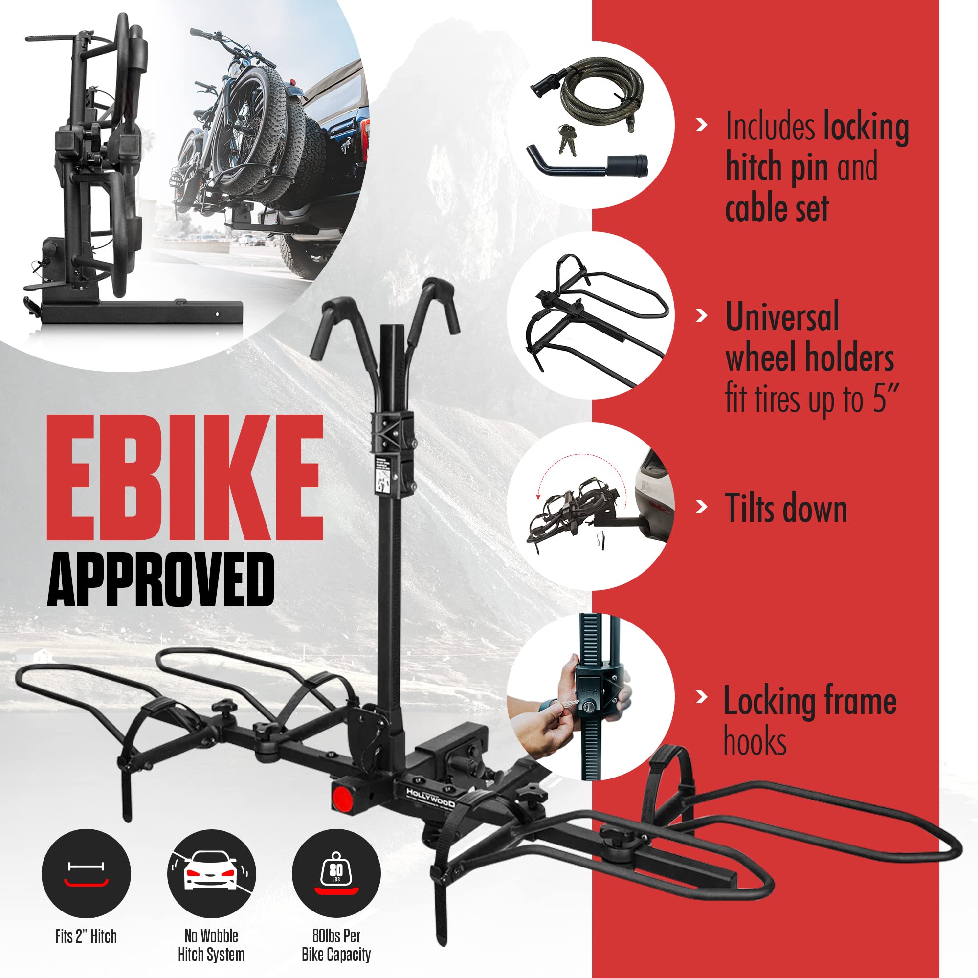 2" Hitch Bike Rack Hollywood Racks Sport Rider, Carries 2 Bikes up to 80 lbs Each for Standard, Fat Tire and Electric Bicycles - Heavy Duty, Foldable Ebike Rack for Car, Truck, and SUV