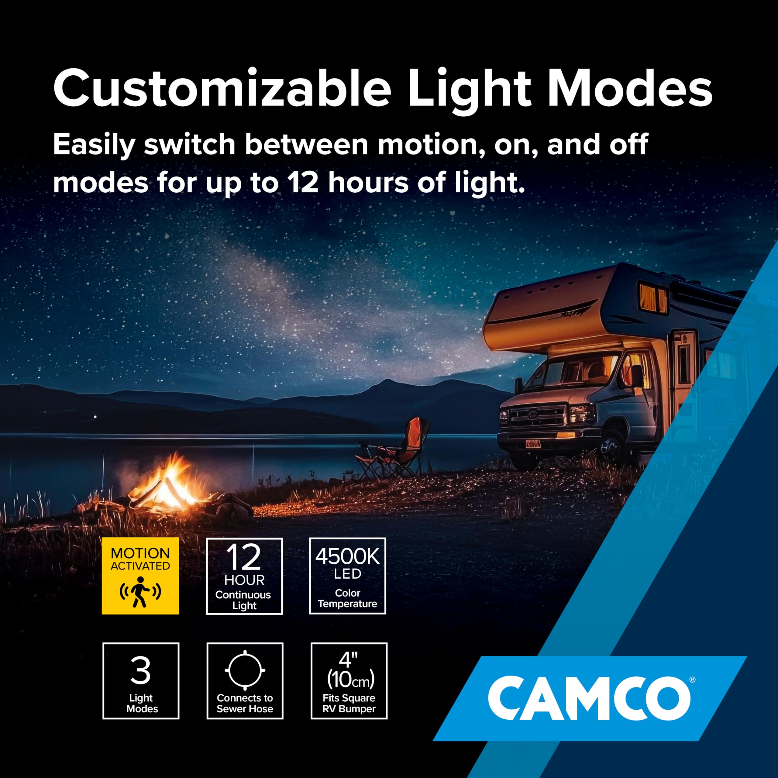 Camco Solar Light RV Bumper Cap — Motion-Activated Lighting – Fits 4" Square RV Bumpers – Helps Keep Bugs Out & Allows for RV Sewer Hose Storage Inside Bumper (40332)