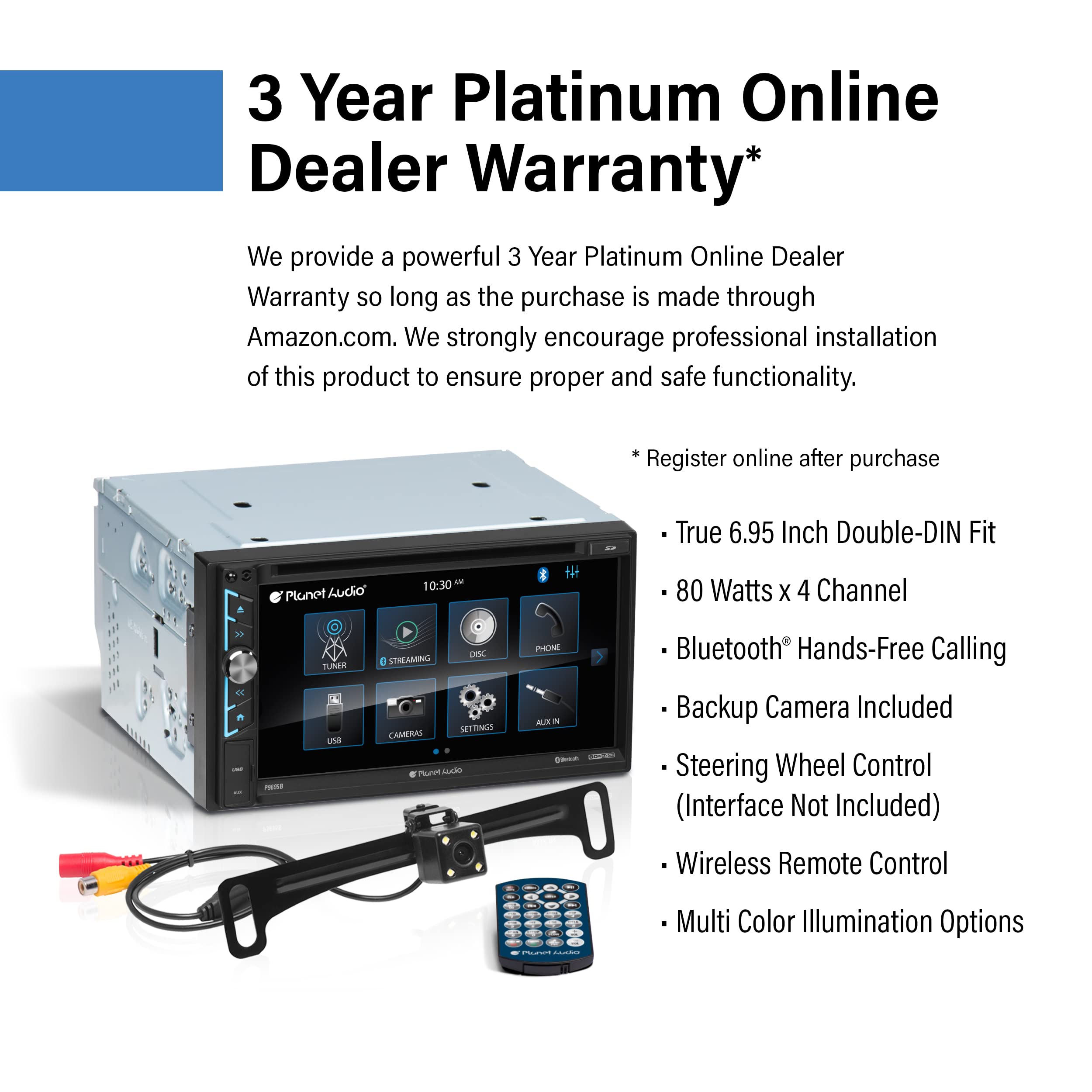 Car Audio Stereo System Planet Audio P9695BRC - 6.95 Inch Double Din, Touchscreen, Bluetooth Audio and Hands-Free Calling, A-Link (Screen Mirroring), CD Player, Backup Camera, Radio Receiver