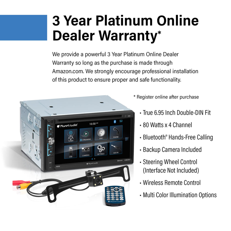 Car Audio Stereo System Planet Audio P9695BRC - 6.95 Inch Double Din, Touchscreen, Bluetooth Audio and Hands-Free Calling, A-Link (Screen Mirroring), CD Player, Backup Camera, Radio Receiver
