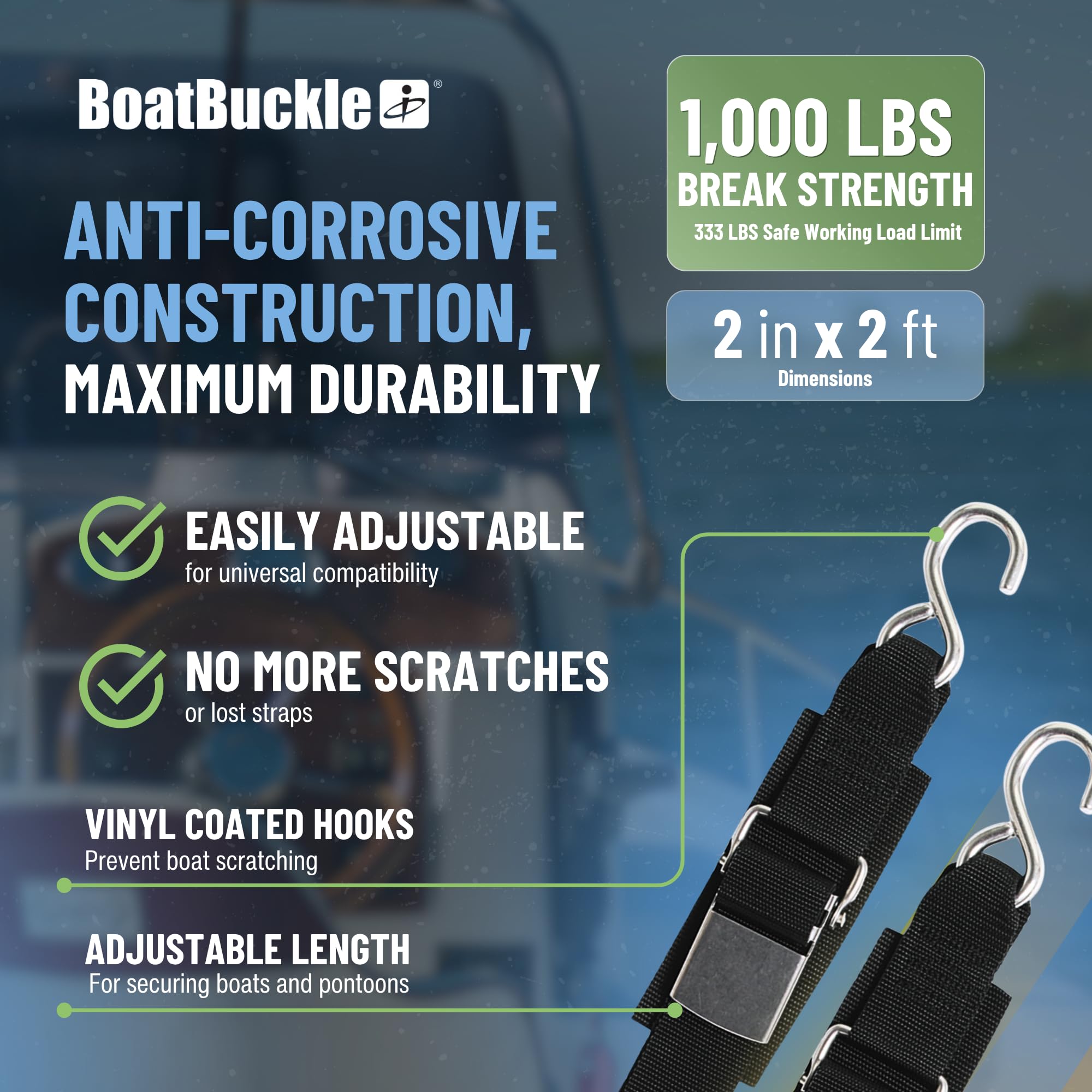 Kwik-Lok BoatBuckle Stainless Steel Transom Tie-Down, 2-Inch x 2-Feet