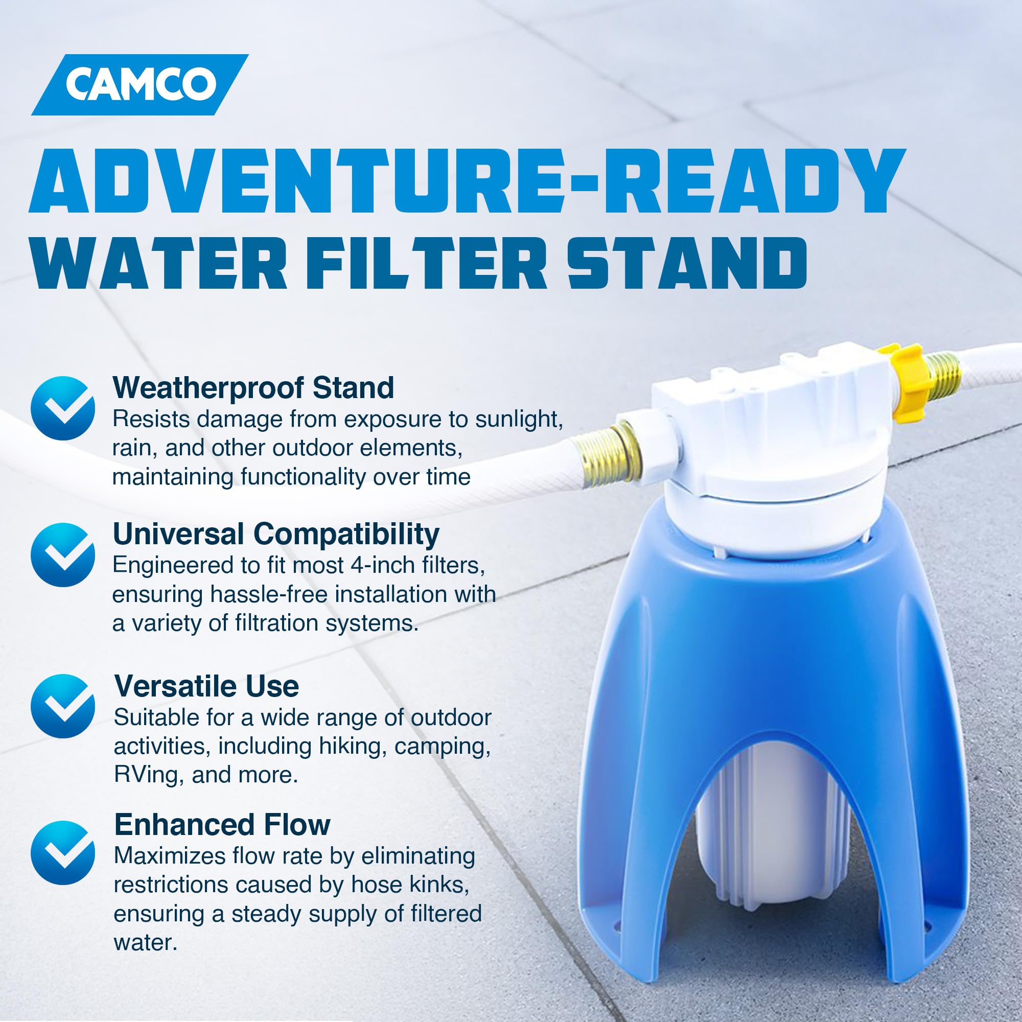 Camco - 21018 Water Filter Stand Universal Fit Plastic - Supports Water Filter in Upright Position to Reduce Hose Kinking and Maximize Water Flow Rate, Fits 4-Inch Filters - 40775, Blue