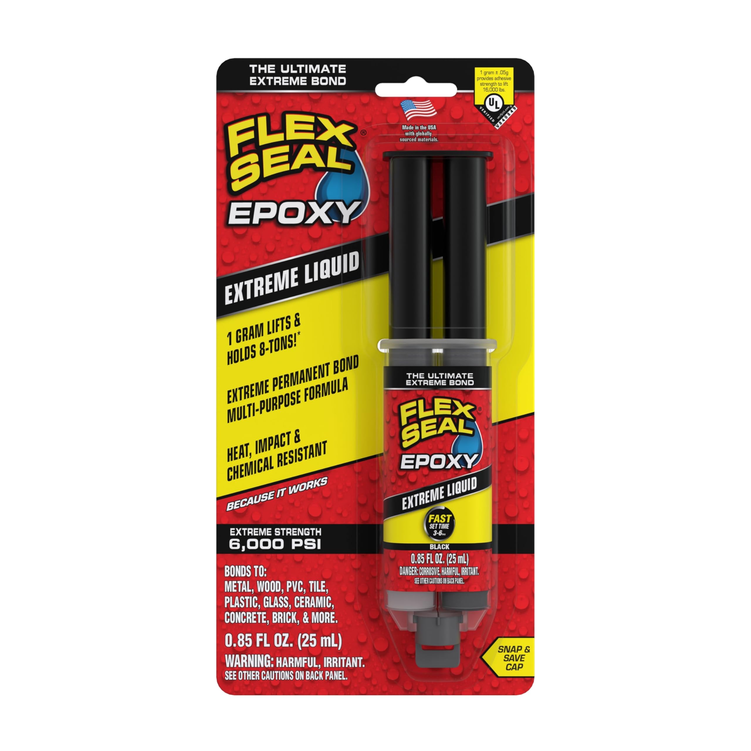 Flex Seal Epoxy, Multi-Purpose Extreme Liquid, Durable, Permanent, Watertight, Long-Lasting Bond, for Automotive, Marine, Plumbing, Home, & Tool Repairs, Cures Black, 0.85 oz (25 mL) Syringe
