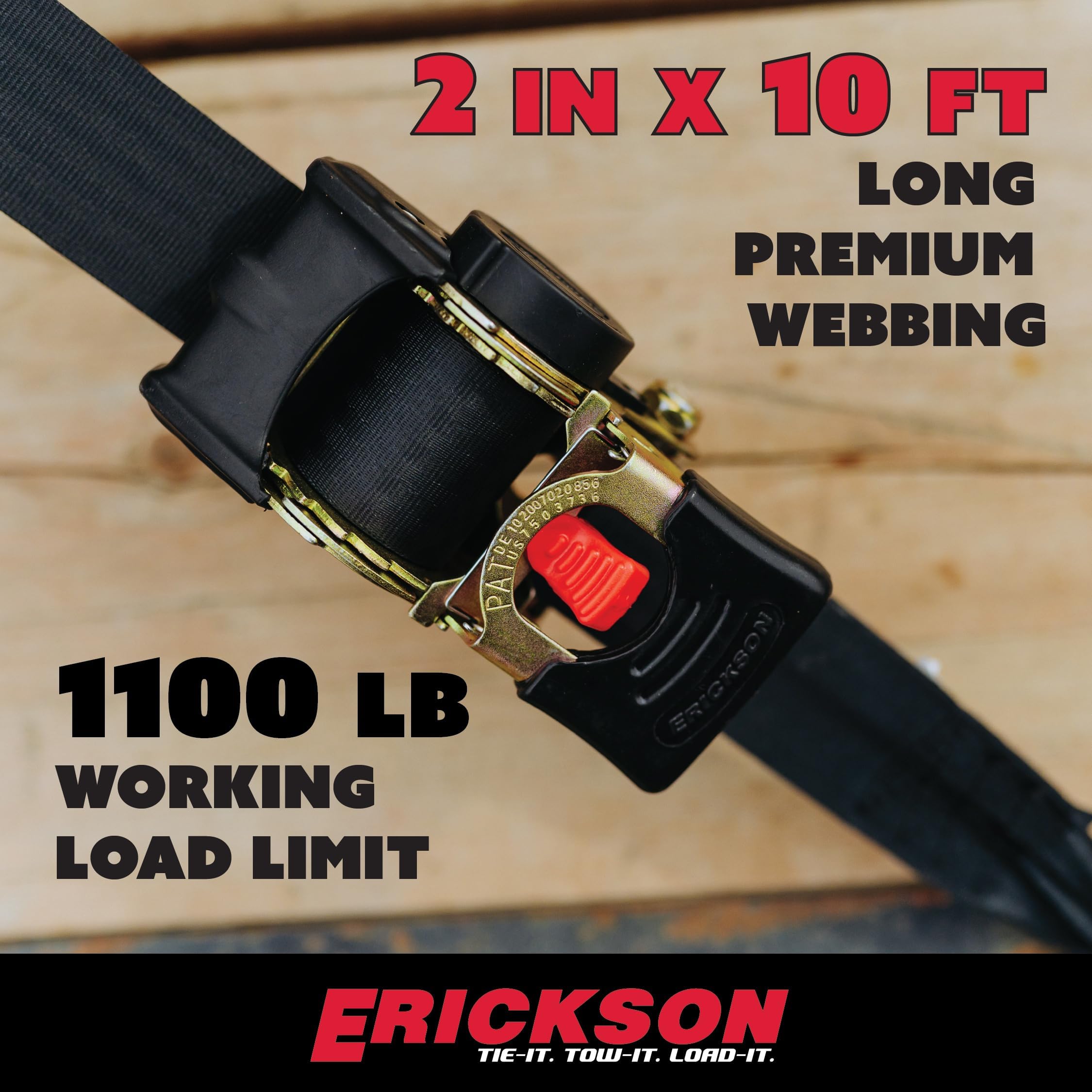 2in x 10ft Black Erickson Pro Series Retractable Ratcheting Tie-Down Straps, High-Strength Design, 3300 lb Load Capacity, Pack of 2