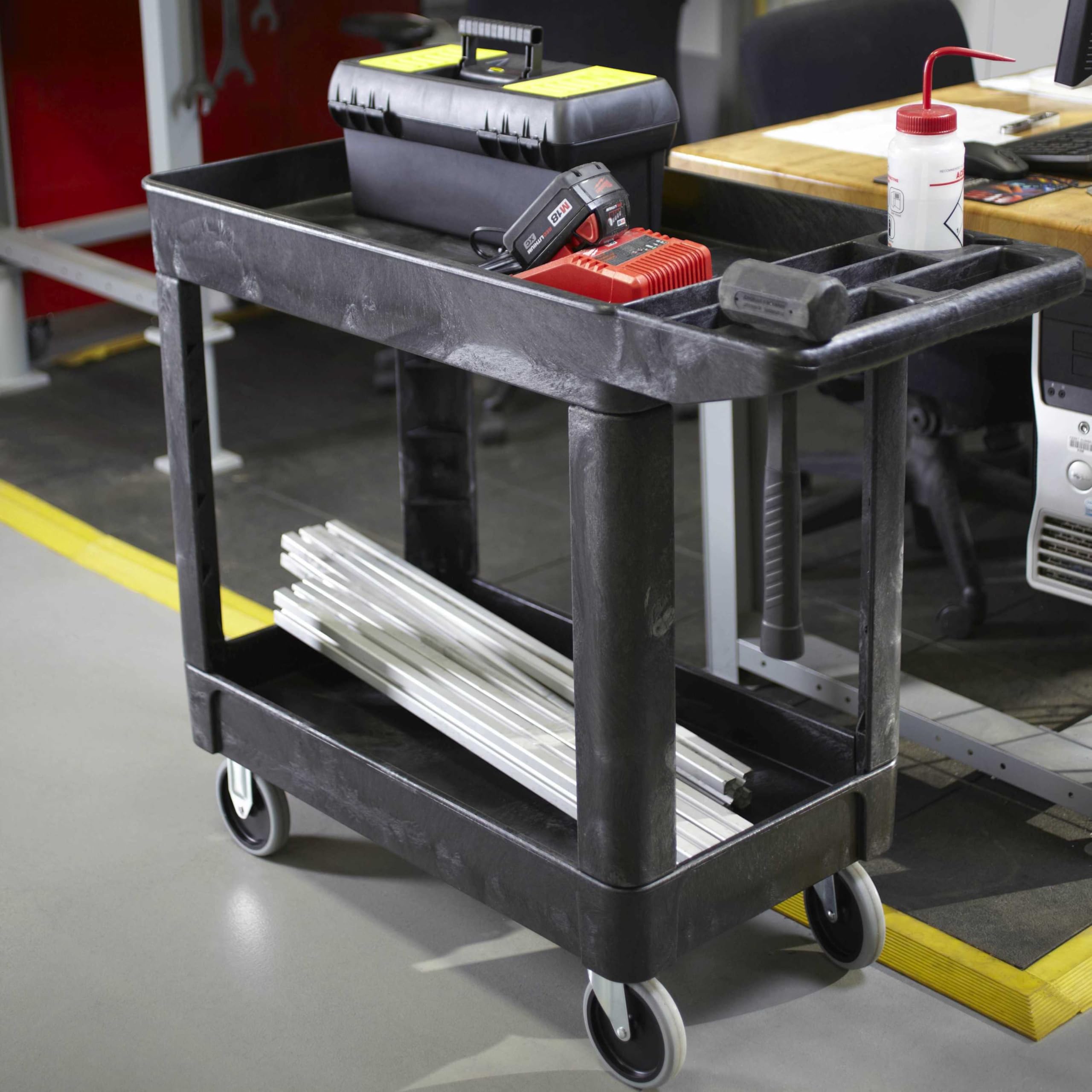 Rubbermaid 2-Shelf Commercial Products Utility/Service Cart, Small, Lipped Shelves, Storage Handle, 500 lbs. Capacity, for Warehouse/Garage/Cleaning/Manufacturing