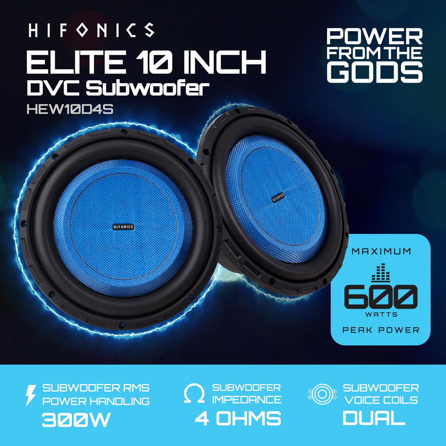 Hifonics 10 Inch Elite Shallow Mount Car Subwoofer, Dual 4 Ohm Voice Coil Speaker 600 Watt Peak Power Mobile Amplifier, Black/Blue