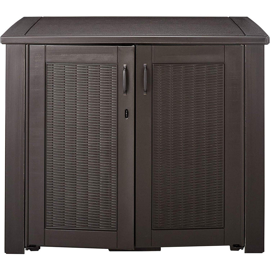 Rubbermaid Outdoor Decorative Storage Cabinet (123 Gal) Weather Resistant Dark Brown Organization for Home/Backyard/Pool Chemicals/Toys/Garden Tools/Porch/Patio Cushions