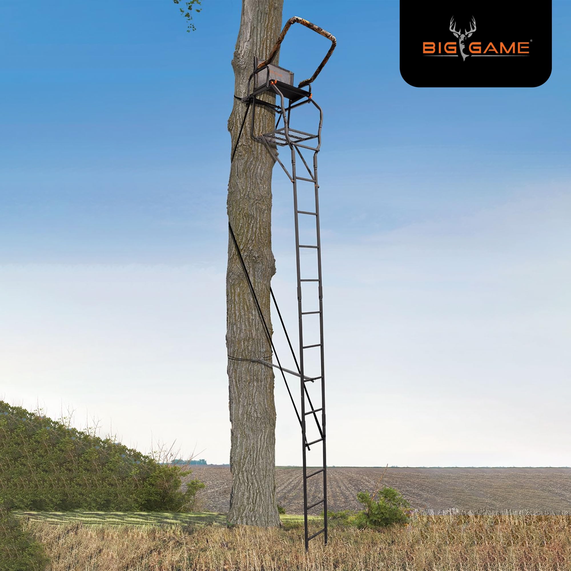 Striker XL BIG GAME Ladder Treestand 17.5 Foot Tall with Flip Back Seat, Padded Armrests, Deep Foot Platform, Ideal for Hunting and Shooting, Black