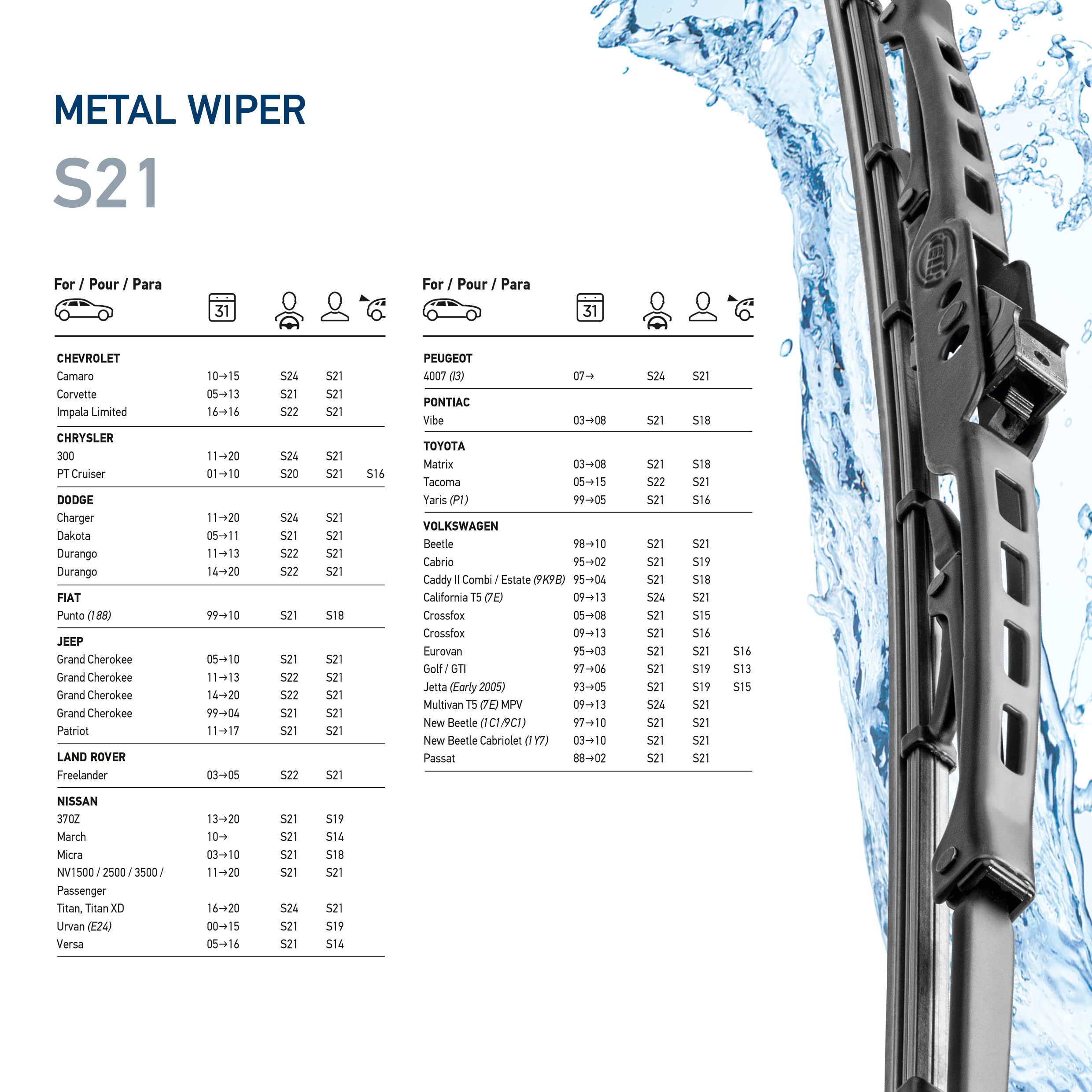 Hella 21 Inch OE Quality All Seasons Streak-Free Rubber Standard Wiper Blade (Single Blade) fit select Chevrolet Chrysler Dodge Jeep Land Rover Nissan Peugeot Pontiac Toyota Volkswagen / 398114021
