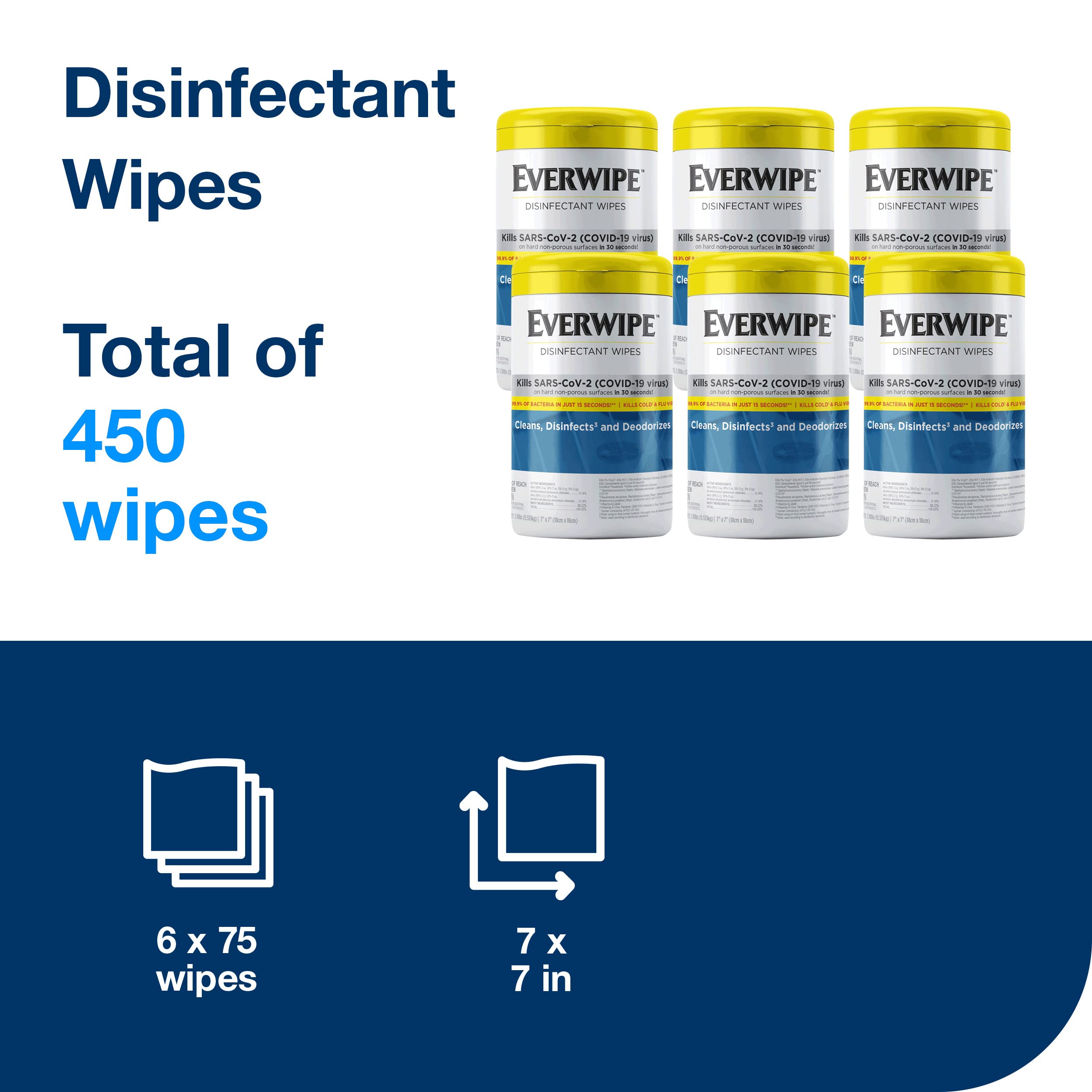 Tork Disinfectant Everwipe Wet Wipe Canister White, Cleans and Deodorizes, 6 x 75 wipes, 192804 (101075)