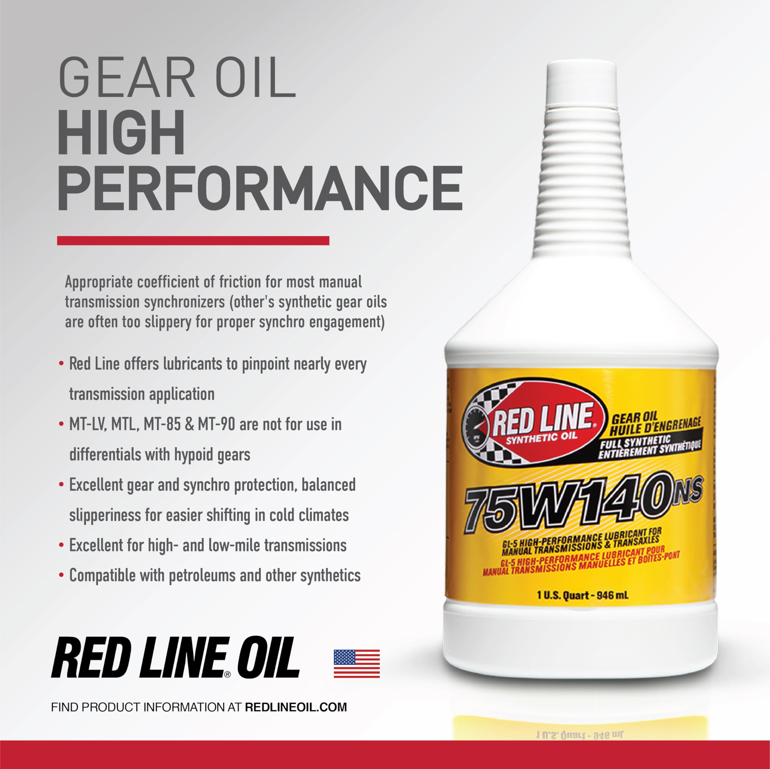 75W140 Red Line Non-Limited Slip Synthetic Gear Oil - 1 Quart