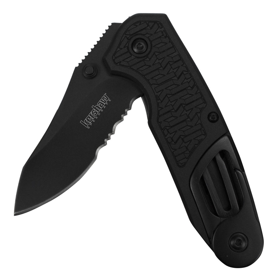 Funxion EMT Kershaw (8100); Multifunction Folding Pocketknife; 3 inch Partially Serrated Stainless Steel Blade; Carabiner Clip, Cord Cutter, Screwdriver Tip, Hex Wrench, Glassbreaker Tip , Black