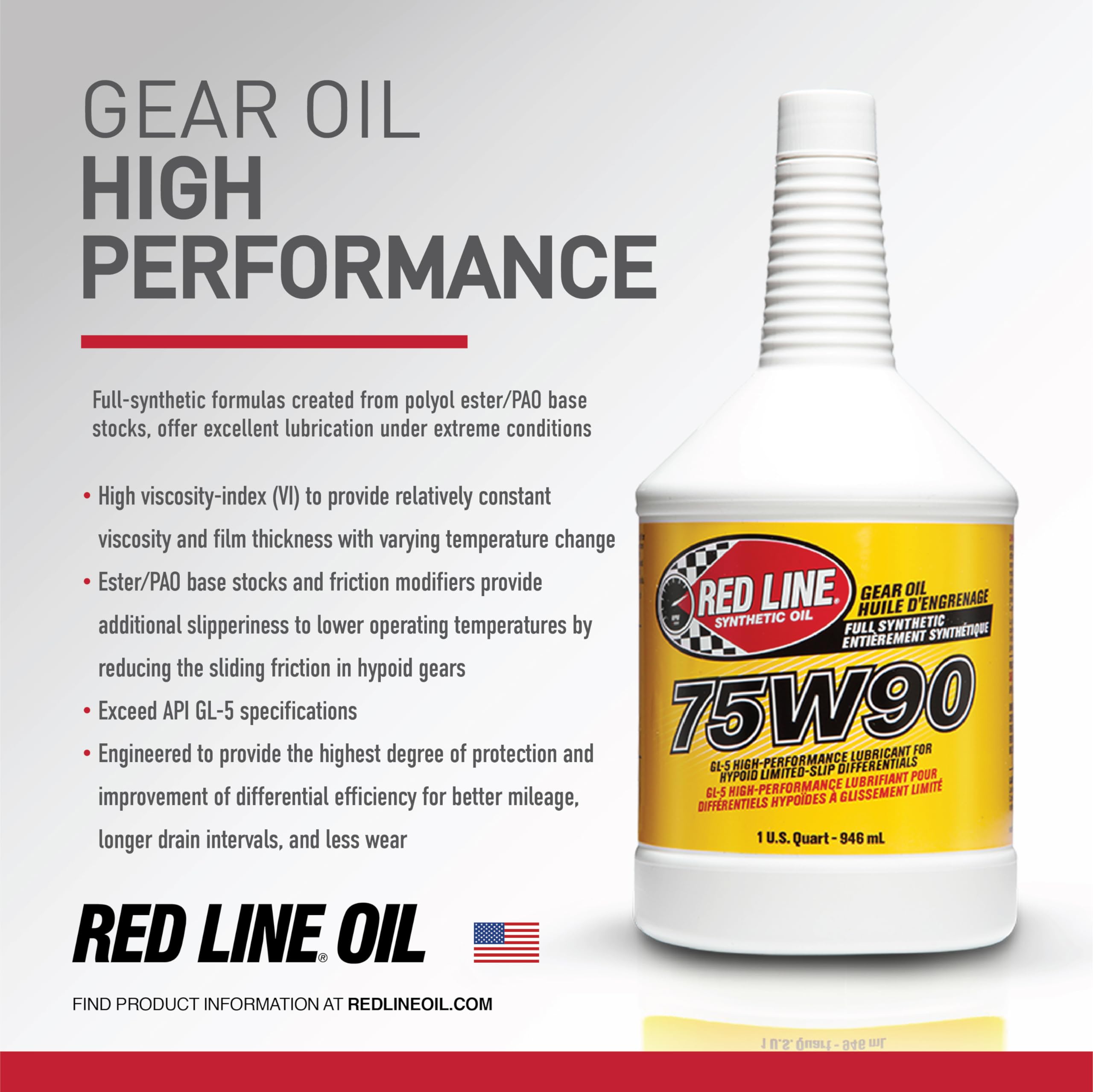 75W90 Red Line 57905 GL-5 Synthetic Gear Oil for Hypoid Limited Slip Differentials - 1 Gallon