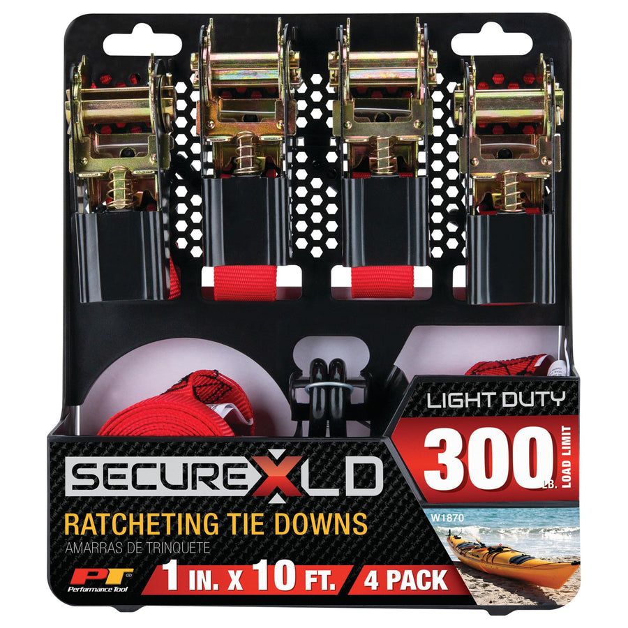 4Pk Performance Tool W1870 1-Inch X 10' Tie Down Straps SecureX - Heavy Duty Ratchet Straps for Securing Cargo, Trucks, Trailers, and Boats