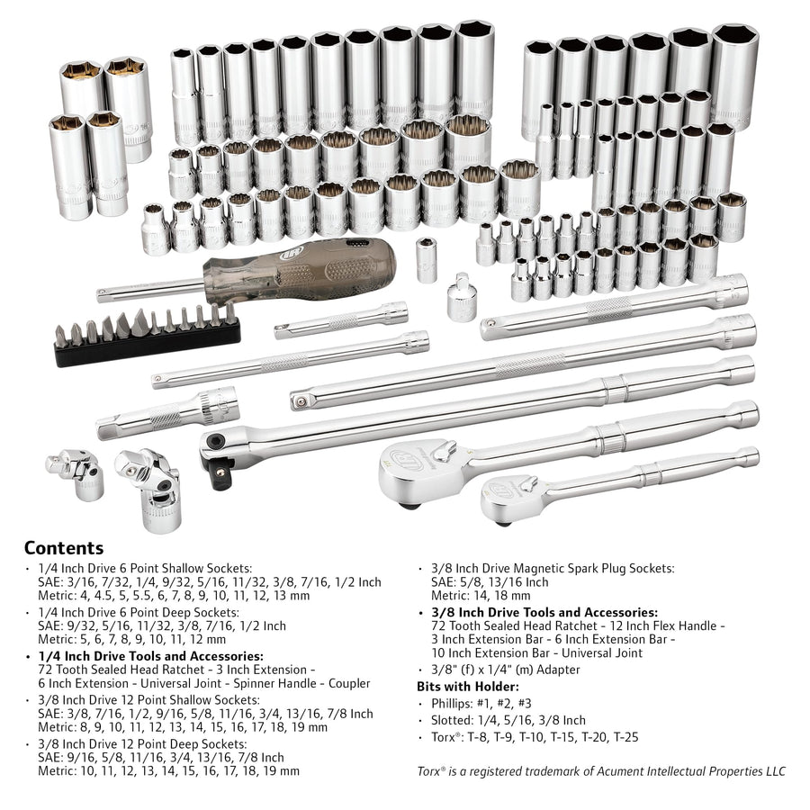 Ingersoll Rand 101 Piece Master Mechanics SAE/Metric Tool Set, Includes 1/4" & 3/8" Drive, 76 Sockets, 72-Tooth Seal-Head Ratchets, Tools & Accessories – 752020