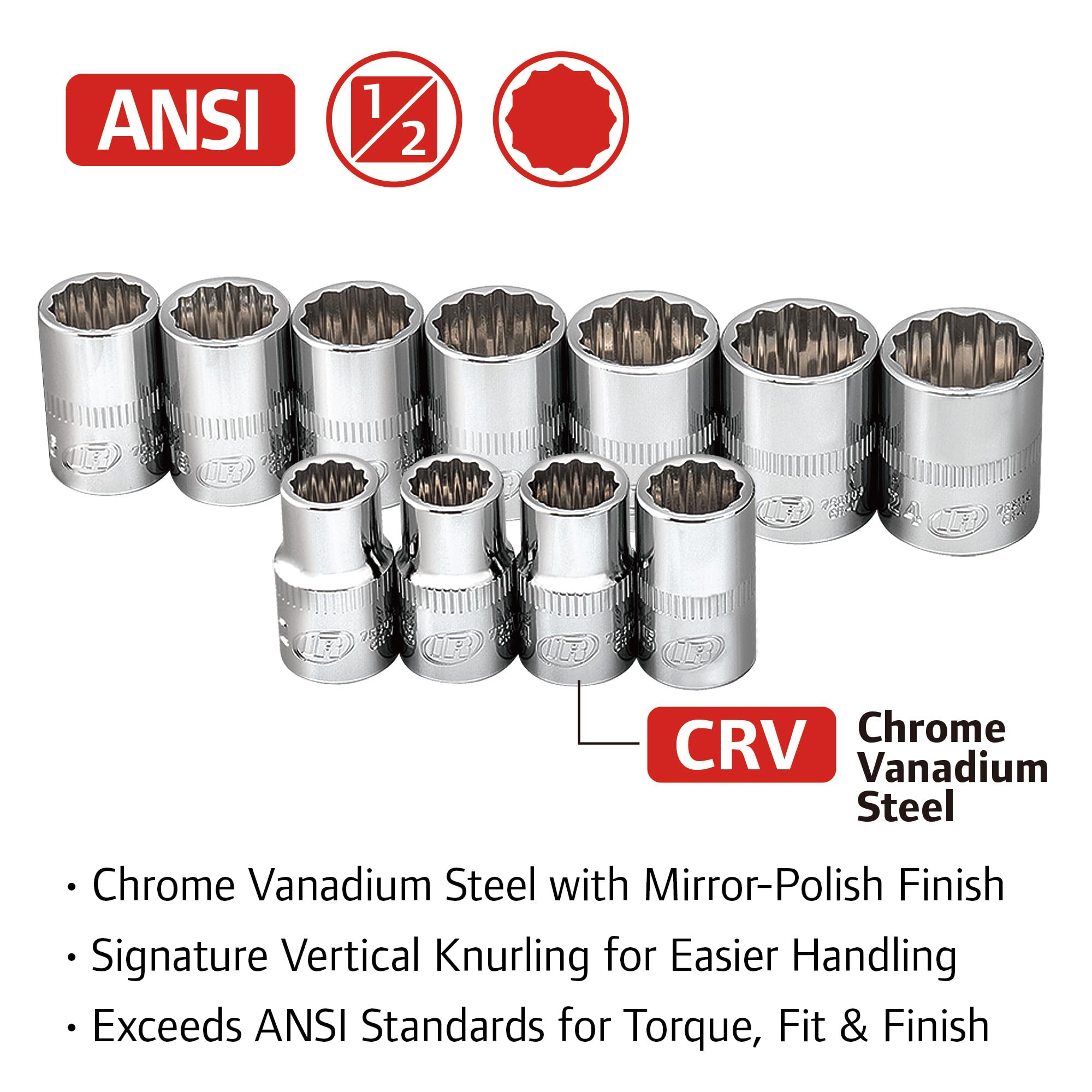 Ingersoll Rand 1/2" Drive Metric Shallow Socket Set, 12-Point, Chrome Vanadium Steel, 12–27mm with Storage Case – 752051 12 Pc.