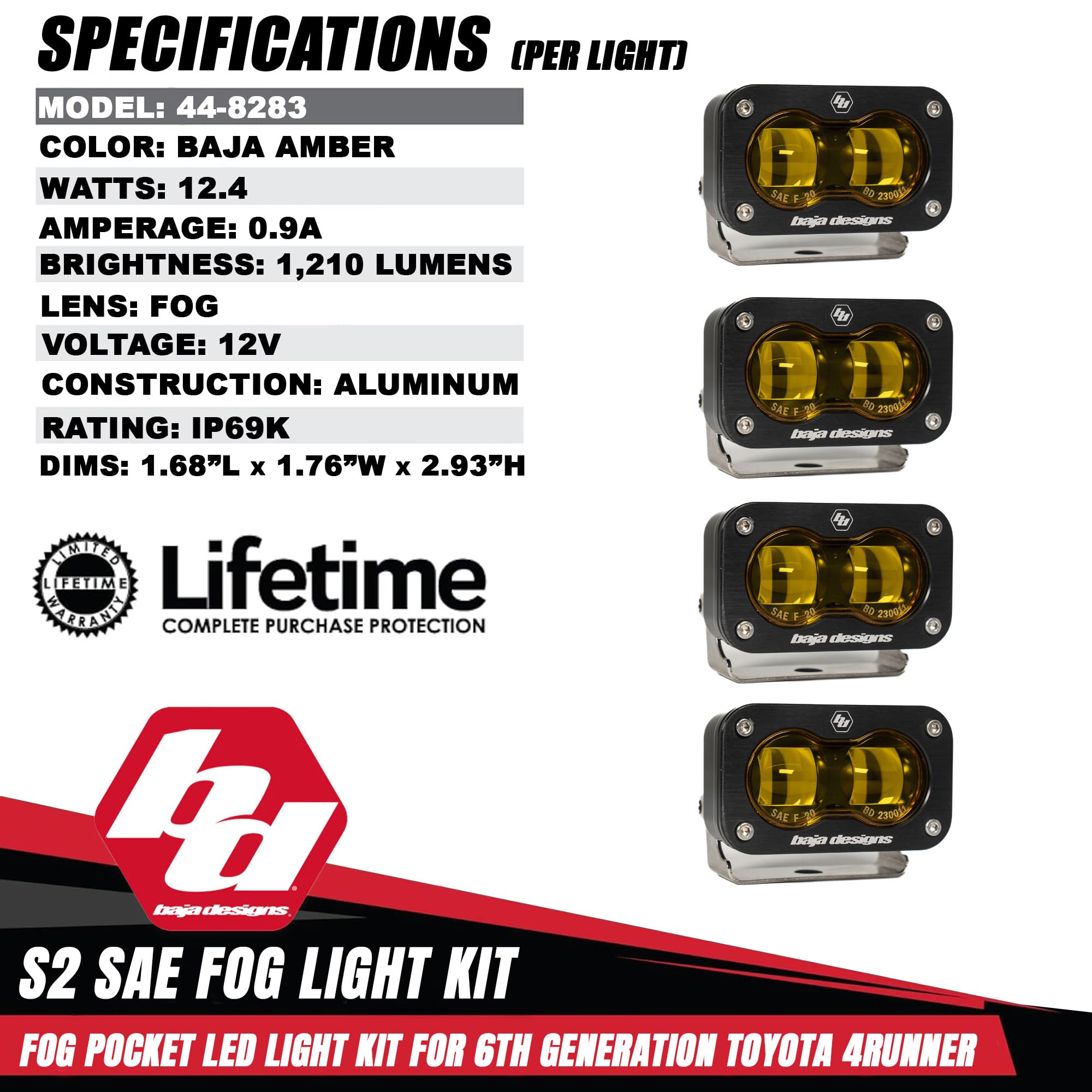 Baja Designs S2 LED Fog Light Kit SAE for Toyota 4Runner 2025+ (Non-TRD Pro) - Street Legal, 4 PCS LED with Mounting Brackets, Adapter Harness - OEM Switch Compatible (SAE Spot Lens; Baja Amber)