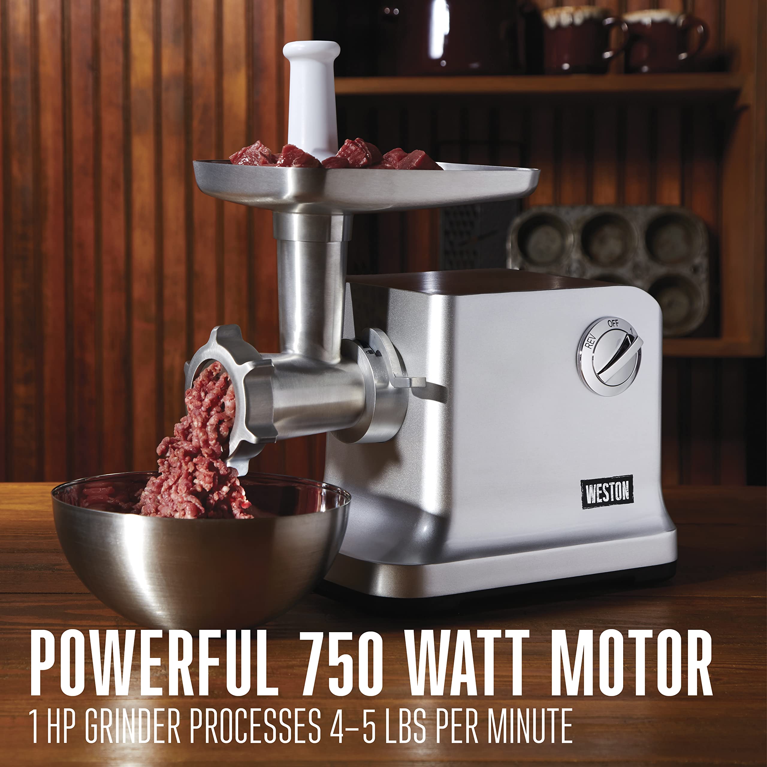 Electric Weston Meat Grinder & Sausage Stuffer, #12 750 Watt, 1 HP Motor, Grinds 4 lbs Per Minute, Includes Stainless Steel Grinding Plates, Die-Cast Aluminum (33-1301-W)