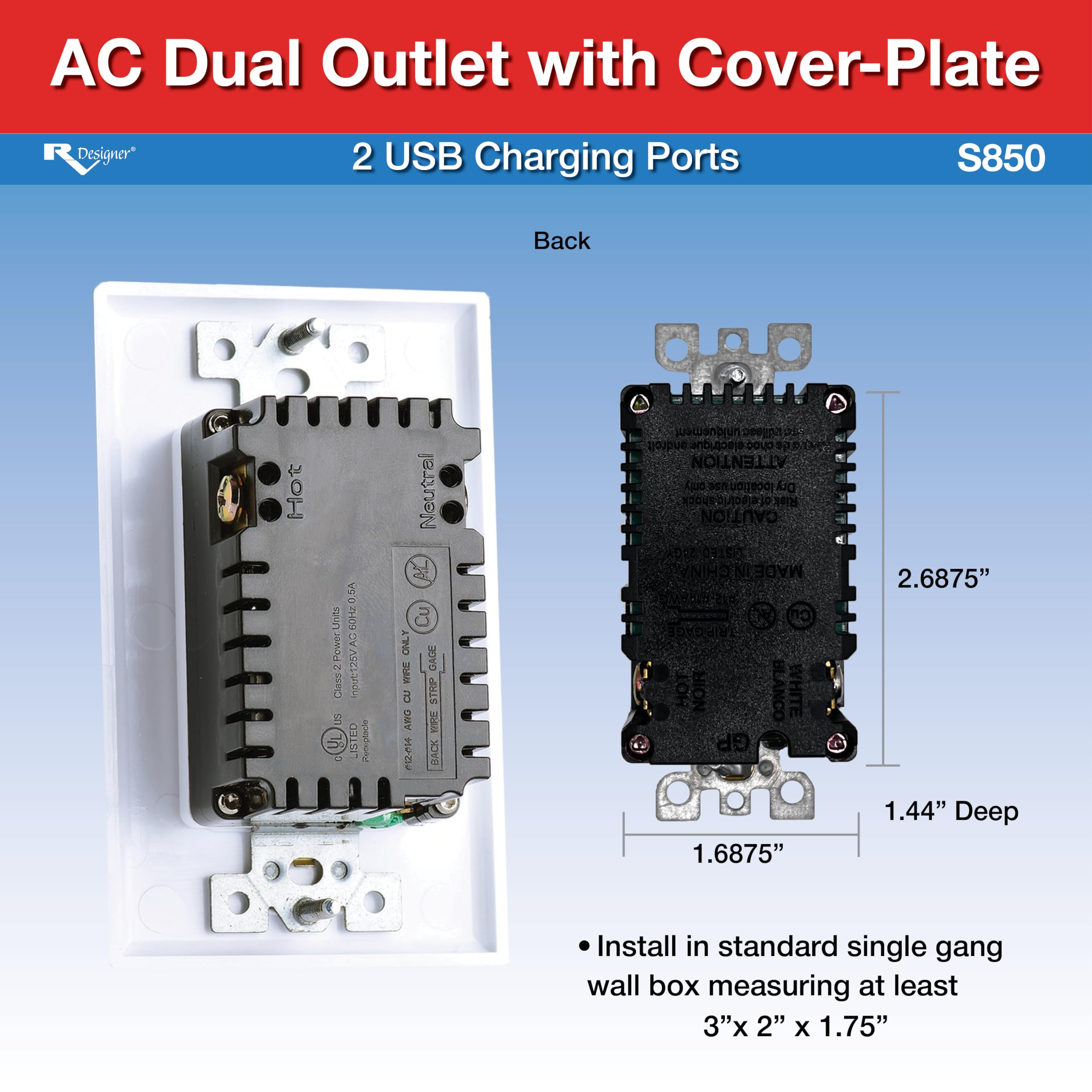 AC Dual Outlet RV Designer S850 with Cover & 2 USB Charge Ports, White