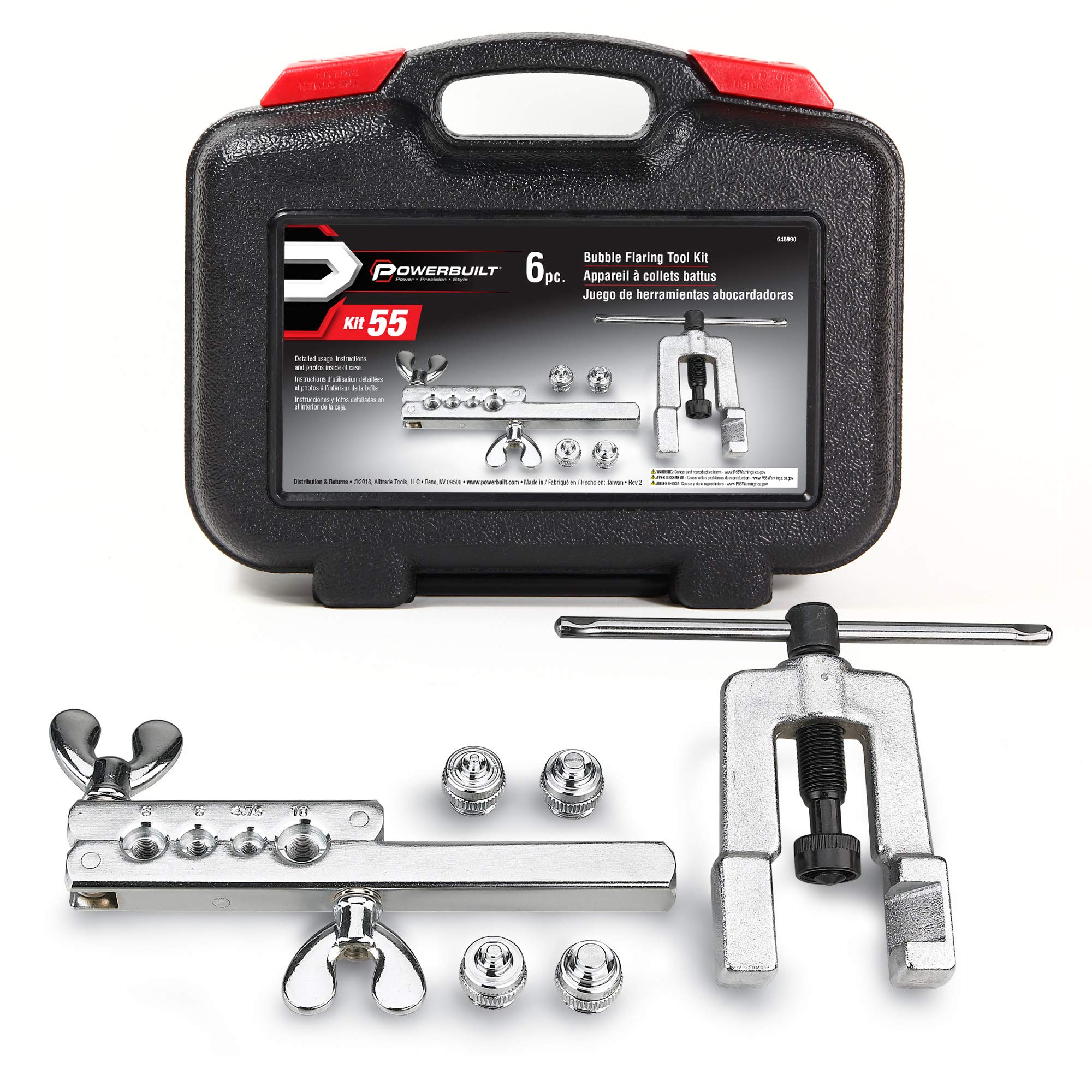 Powerbuilt Flaring Tool Set ISO for Hydraulic Brake Lines, 6 Piece Car Service Kit, Yoke, T-Handle, Adapters, Storage Case - 648990