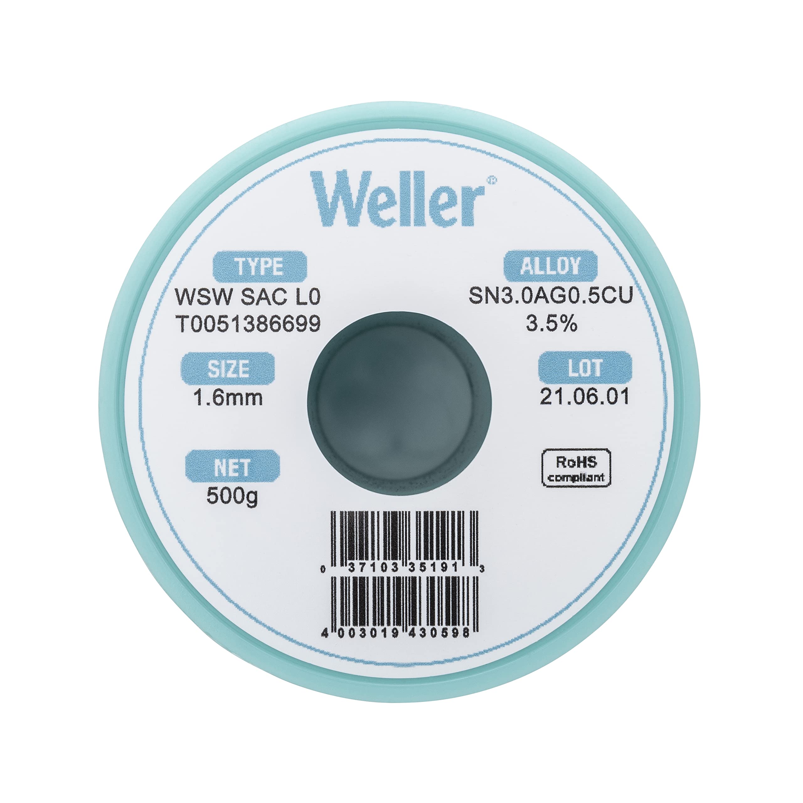 Weller Lead Free Solder Wire WSW SAC M1 (T0051386699), Dia: 1.6 mm / 0.063 in, Wt: 500 g / 17.637 oz, Alloy Sn96.5Ag3.0Cu0.5, Flux content 3.5%