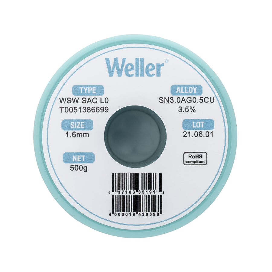 Weller Lead Free Solder Wire WSW SAC M1 (T0051386699), Dia: 1.6 mm / 0.063 in, Wt: 500 g / 17.637 oz, Alloy Sn96.5Ag3.0Cu0.5, Flux content 3.5%