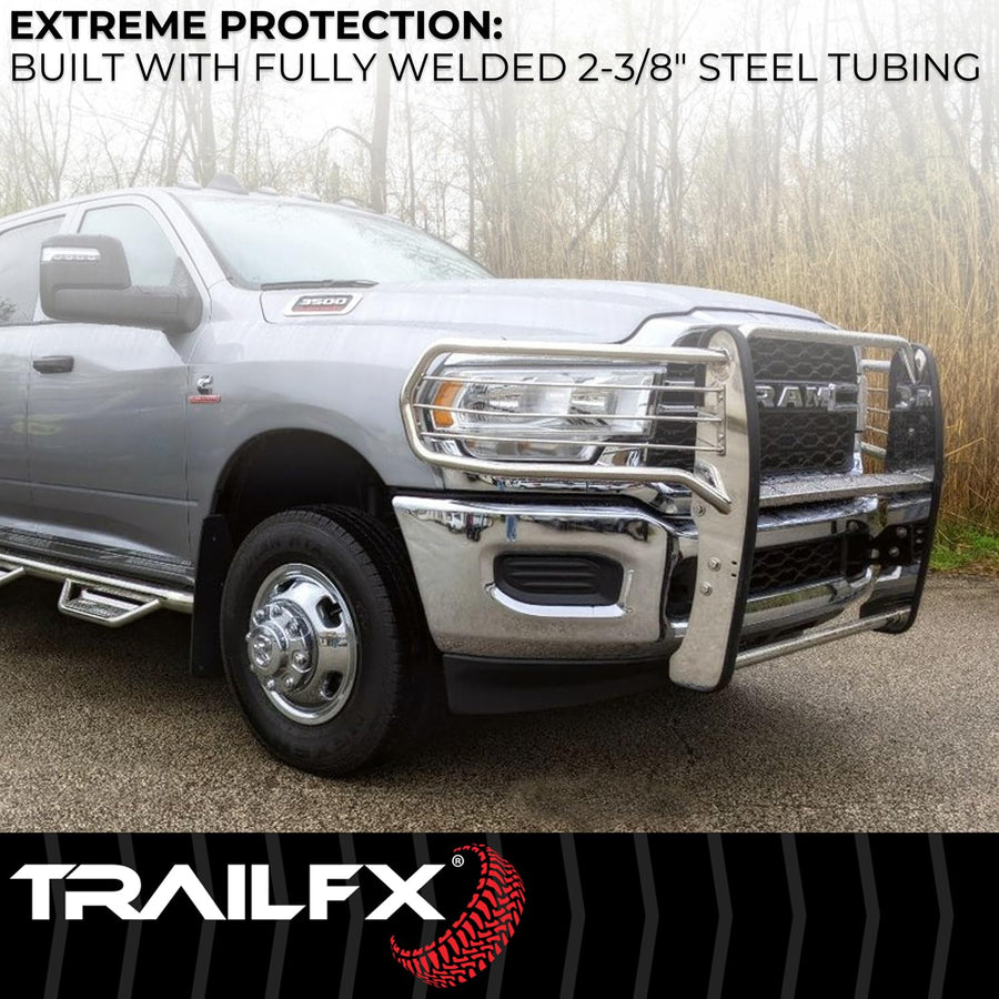 Grille Guard TrailFX E0047S, 1-Piece, Silver Polished, Stainless Steel, 1-1/2 Inch Diameter, with Brush Guard, Fits 2022-2025 Chevrolet Silverado 1500 (Tow Hooks Must Be Removed, If Equipped)