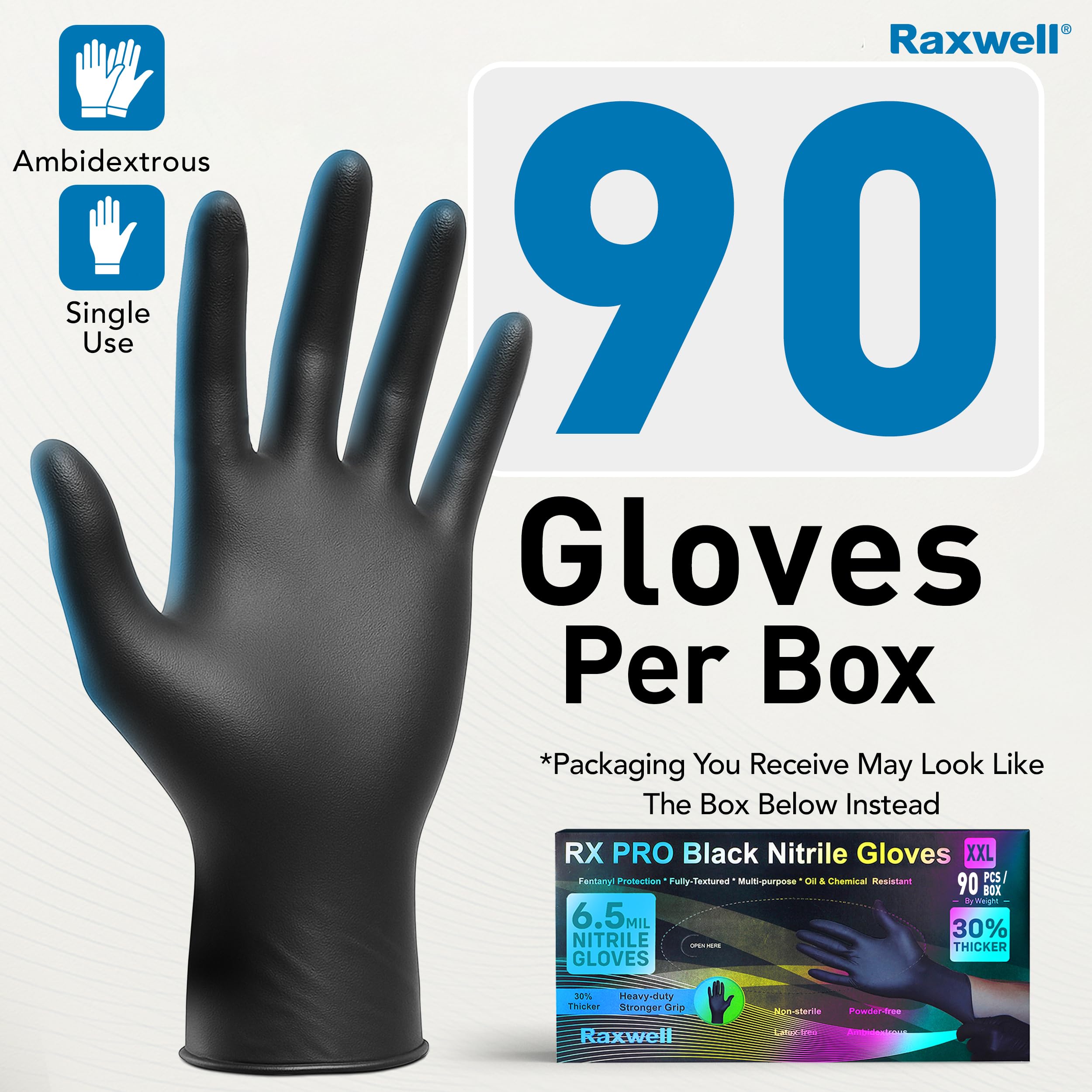 Disposable Raxwell Black Nitrile Gloves - Heavy-Duty Chemical-Resistant Working Gloves - Powder-Free Fit for Sensitive Skin - Food-Safe Cooking & Serving - XXL, 90 Count, 6.5 Mil
