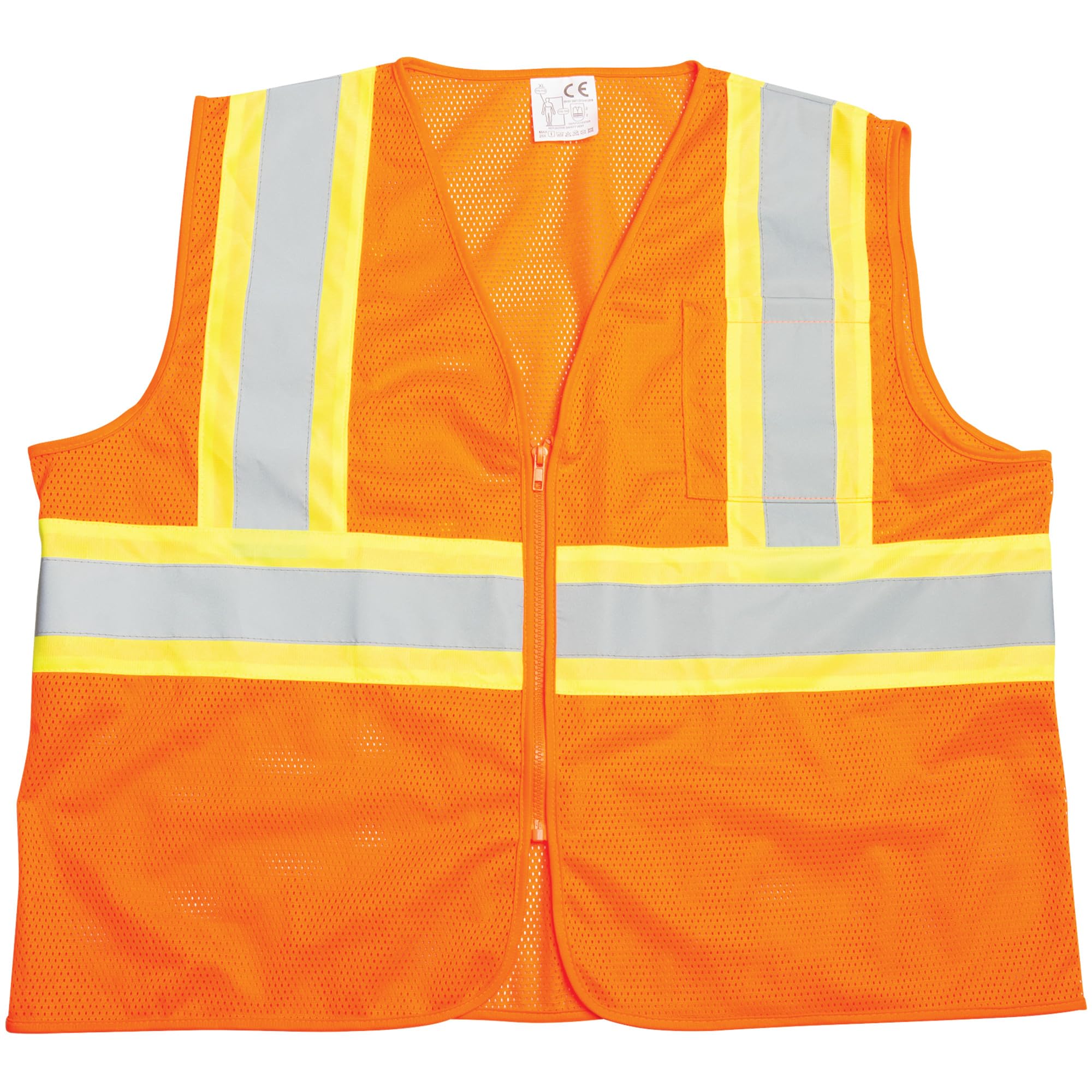 Class-2 Performance Tool High Visibility Safety Vest Size XL, Silver Reflective Stripes, Front Chest Pockets, Zip Closure, ANSI/ISEA 107-2020 Class 2, Orange