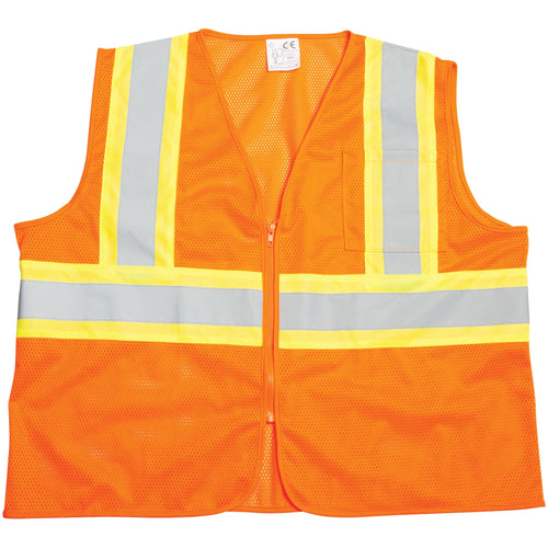 Class-2 Performance Tool High Visibility Safety Vest Size XL, Silver Reflective Stripes, Front Chest Pockets, Zip Closure, ANSI/ISEA 107-2020 Class 2, Orange