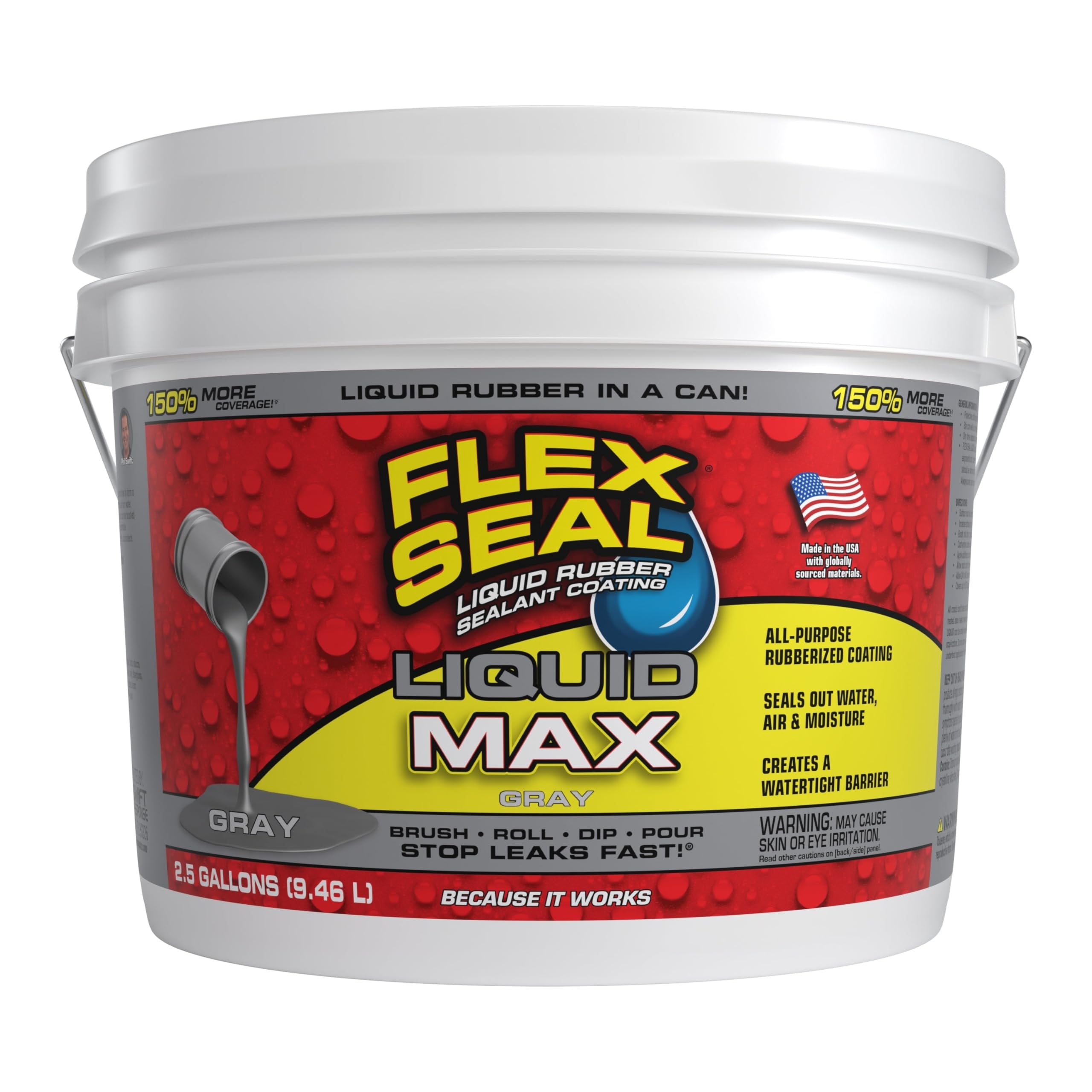 Flex Seal Liquid, Liquid Rubber Coating Sealant, Waterproof, Flexible, Breathable, and UV Resistant, Repair Roof, Basements, RV, Campers, Trailers, Marine, EPDM, Masonry, MAX, Gray, 2.5 Gallon