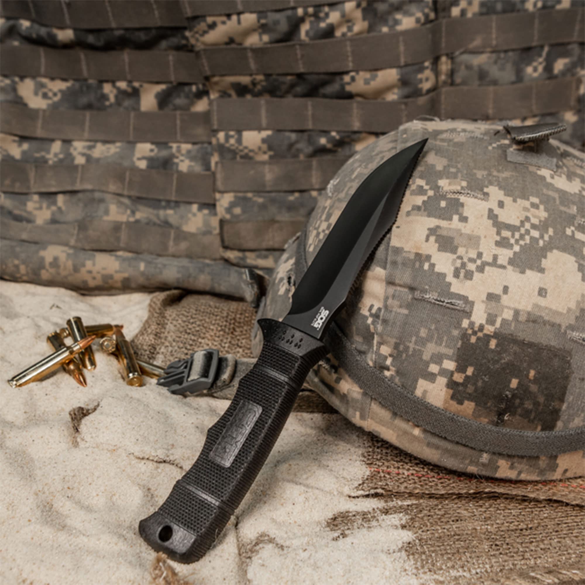 SEAL Pup Elite Survival Knife - SOG Fixed Blade Knives with Sheath, Hunting Knife w/ 4.85 Inch AUS-8 Bowie Knife Blade for a Tactical Knife (E37SN-CP)