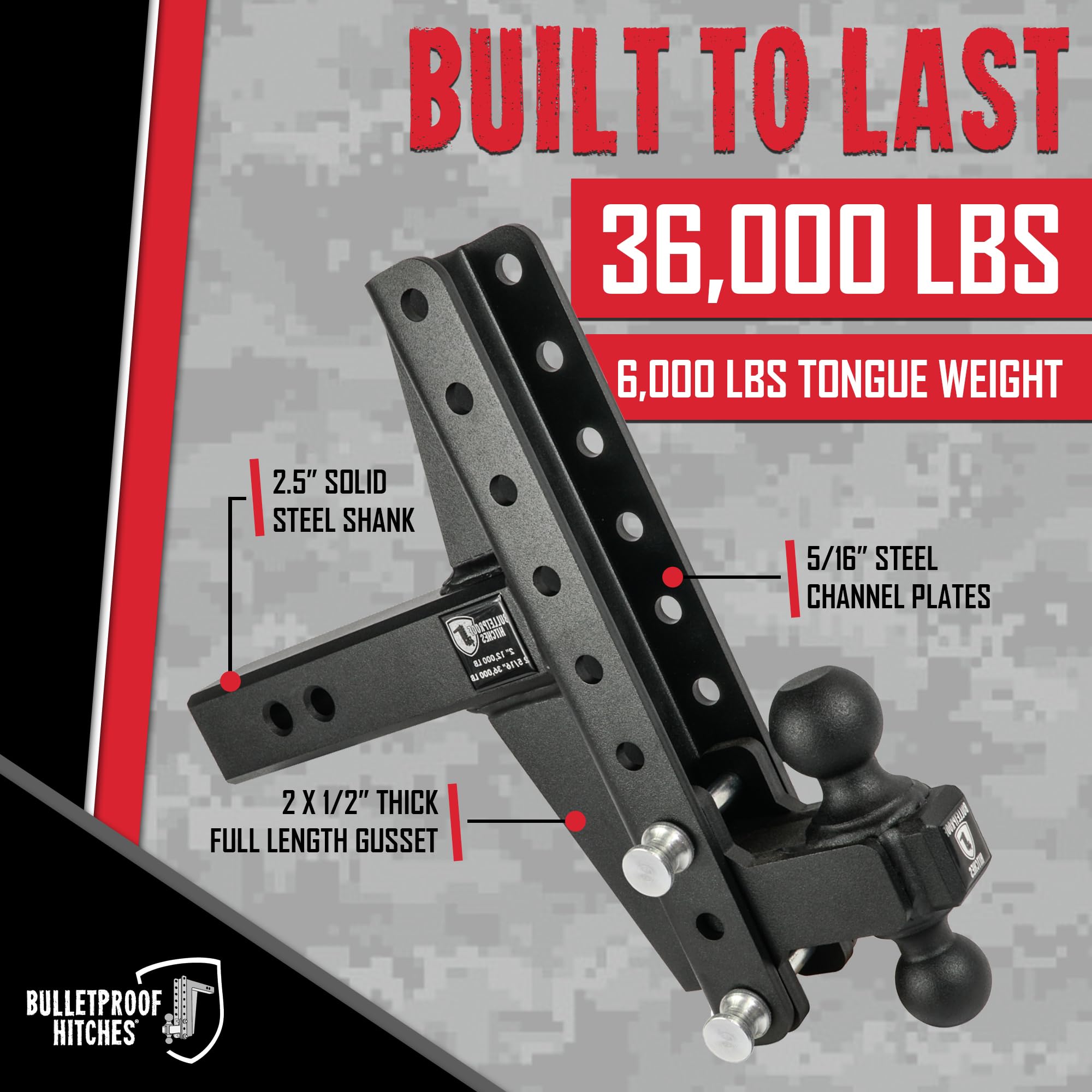 2.5" BulletProof Hitches Adjustable Extreme Duty Trailer Hitch (36,000 lb. Rating) - Offset 4" & 6" Drop/Rise with 2" and 2 5/16" Dual Ball - Powder Coat, Solid Steel, Corrosion-Resistant