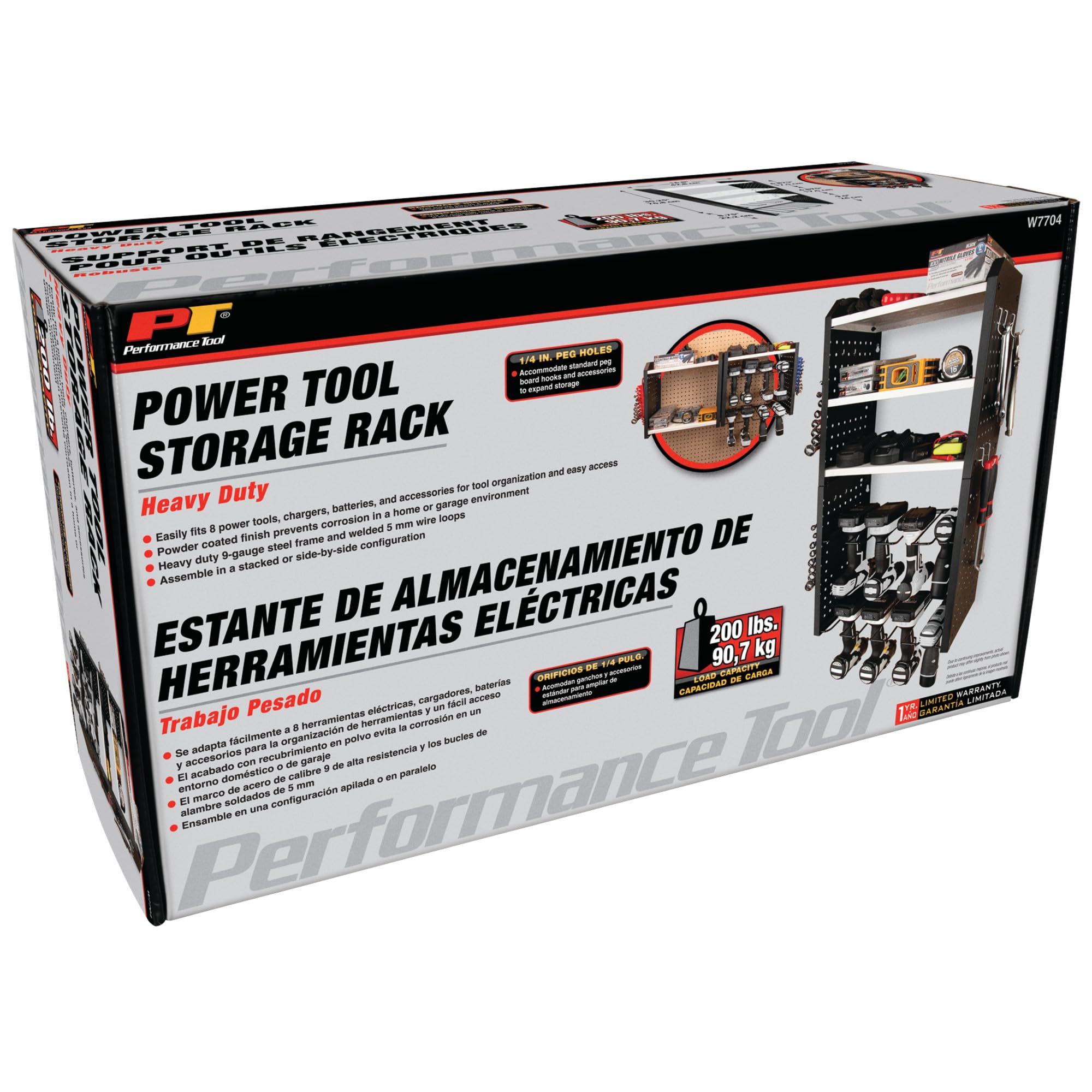 W7704 Performance Tool 17-in Five Level Power Tool Storage Rack: 200 lb Limit, 9-Gauge Solid Steel Frame, Baked on Powder Coat Finish with 1/4-in Peg Holes, For Garage/Home, Black/White