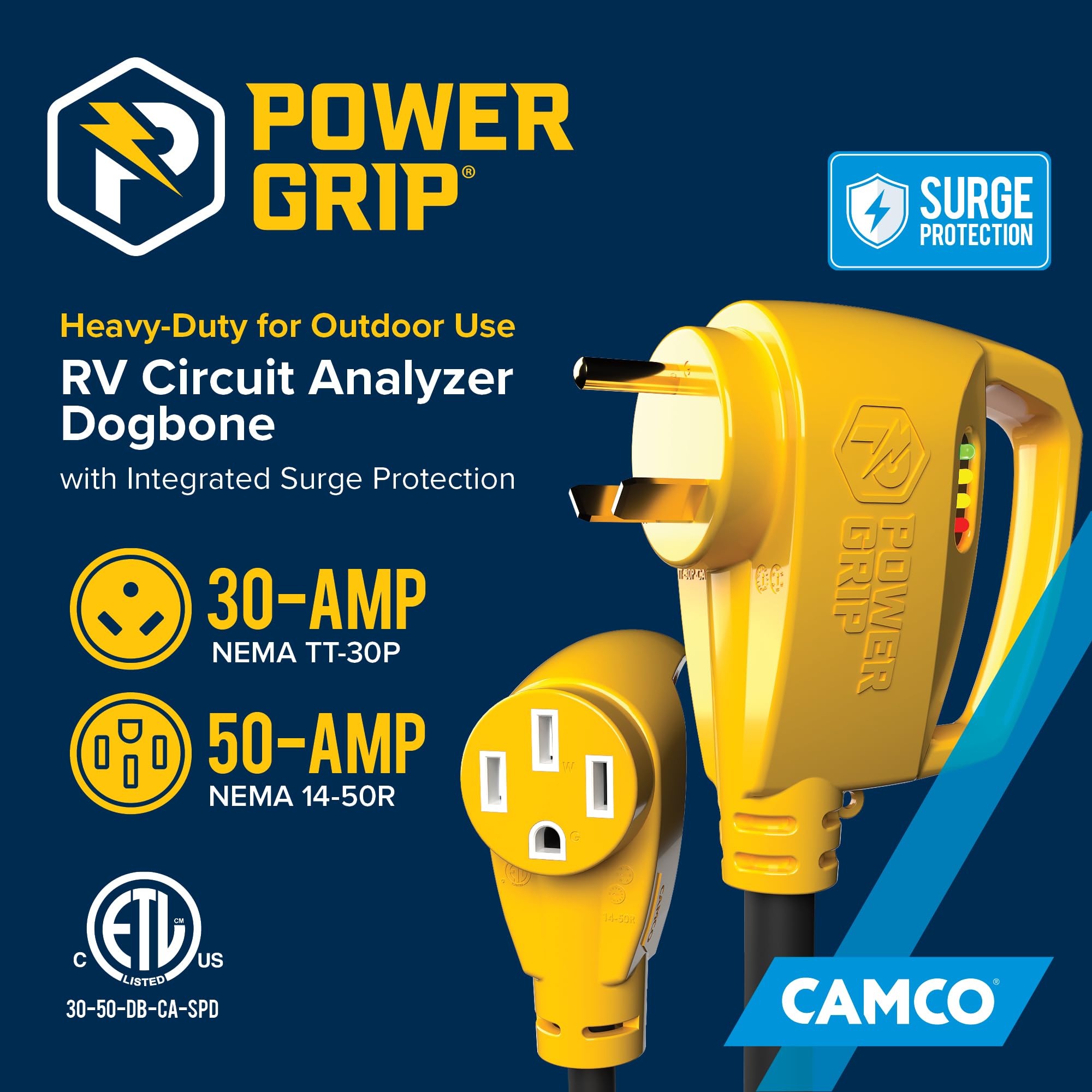Camco Power Grip 30-Amp RV 18" Circuit Analyzer Dogbone - Features Integrated Surge Protection & Fault Indication, 18", 30-Amp Male to 50-Amp Female, 125V / 3750W (55460)