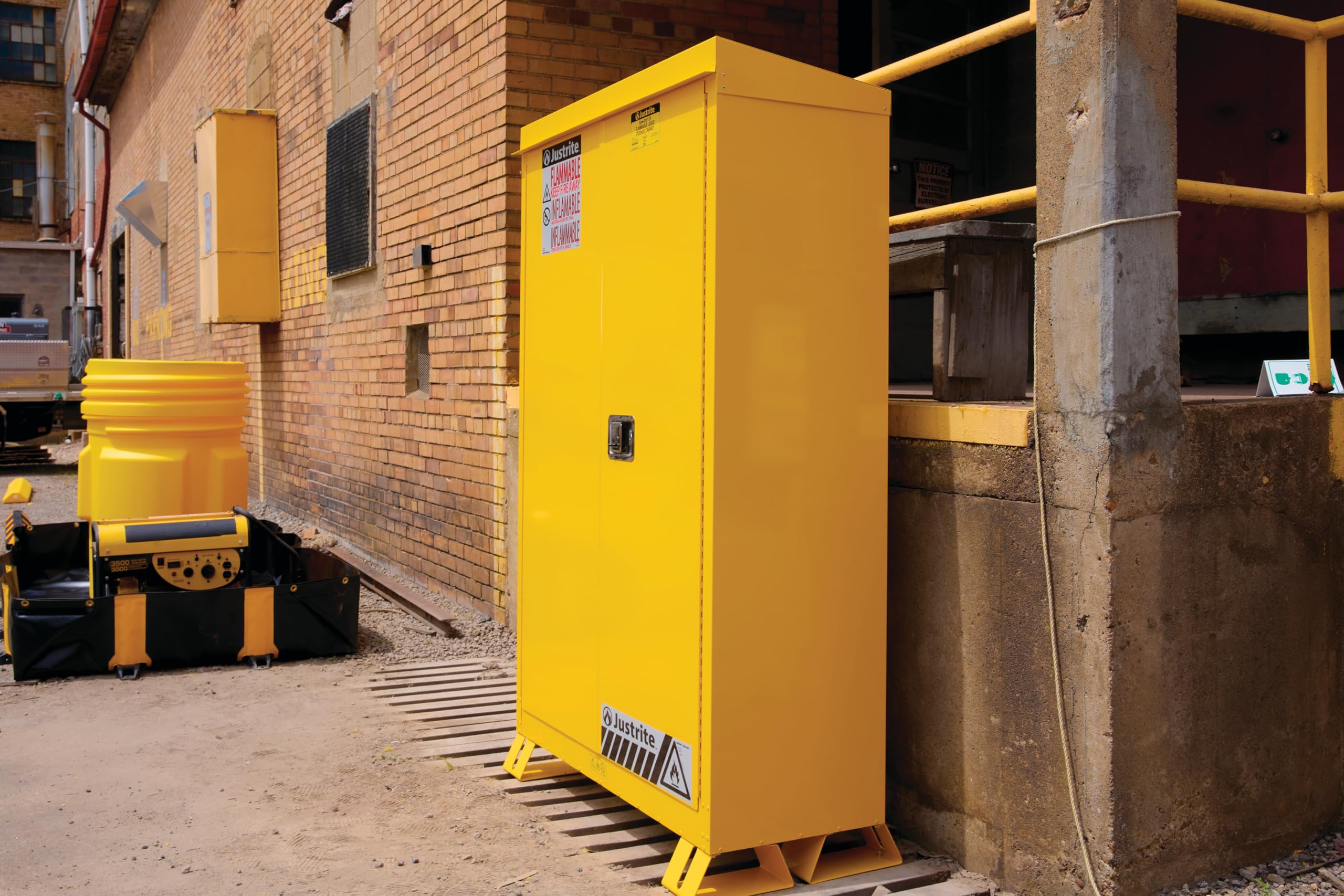 Justrite Outdoor Reinforced Steel Flammable Liquid Storage Cabinet, 2 Shelves with 350 lb. Capacity, 2 Self-Close Door Fire Cabinet, 30 Gallon, 44"x 43"x 18", Made in The USA, Yellow, 813020