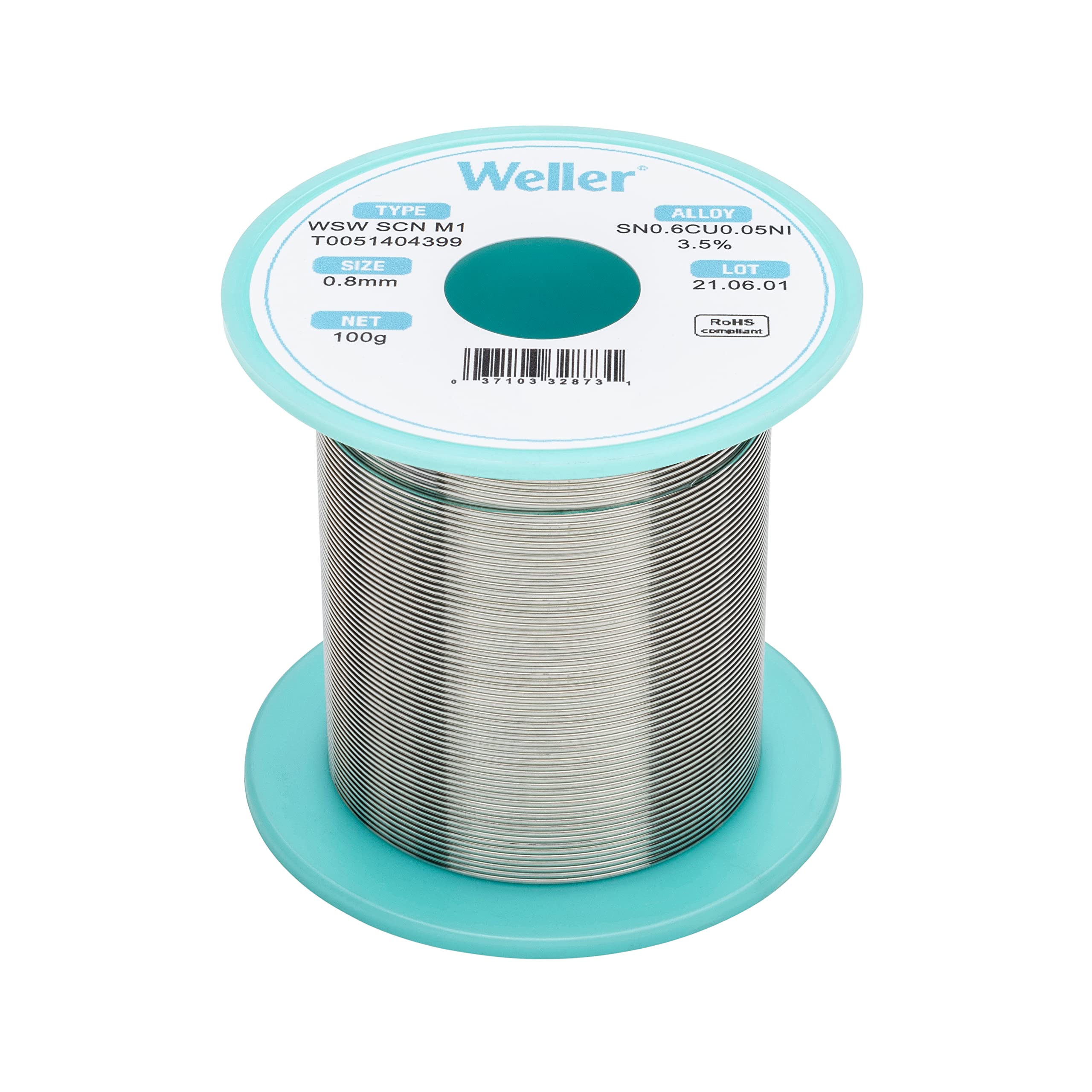 Weller Lead Free Solder Wire WSW SCN M1 (T0051404399), Dia: 0.8 mm / 0.039 in, Wt: 100 g / 3.527 oz, Alloy Sn99.3Cu0.6Ni0.05, Flux content 3.5%