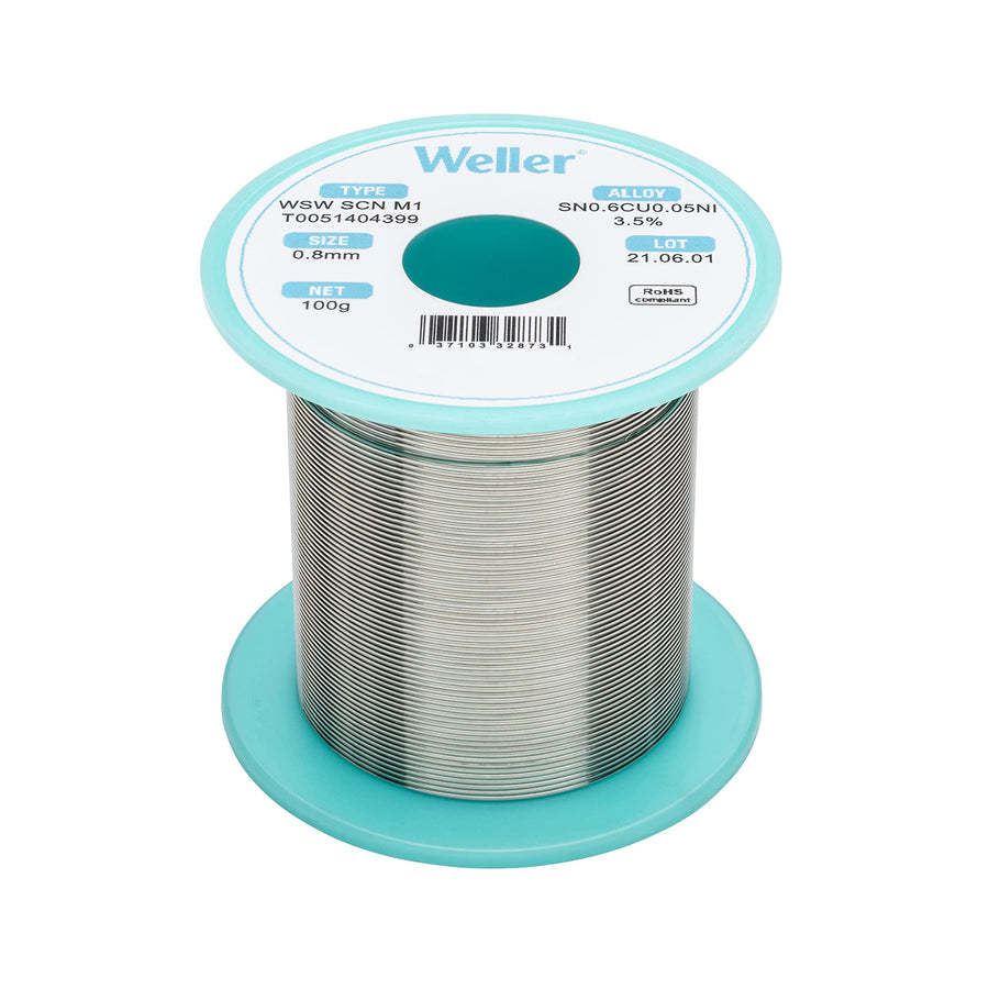 Weller Lead Free Solder Wire WSW SCN M1 (T0051404399), Dia: 0.8 mm / 0.039 in, Wt: 100 g / 3.527 oz, Alloy Sn99.3Cu0.6Ni0.05, Flux content 3.5%