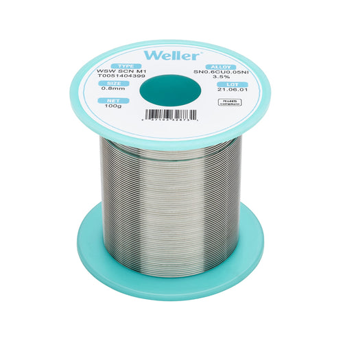 Weller Lead Free Solder Wire WSW SCN M1 (T0051404399), Dia: 0.8 mm / 0.039 in, Wt: 100 g / 3.527 oz, Alloy Sn99.3Cu0.6Ni0.05, Flux content 3.5%