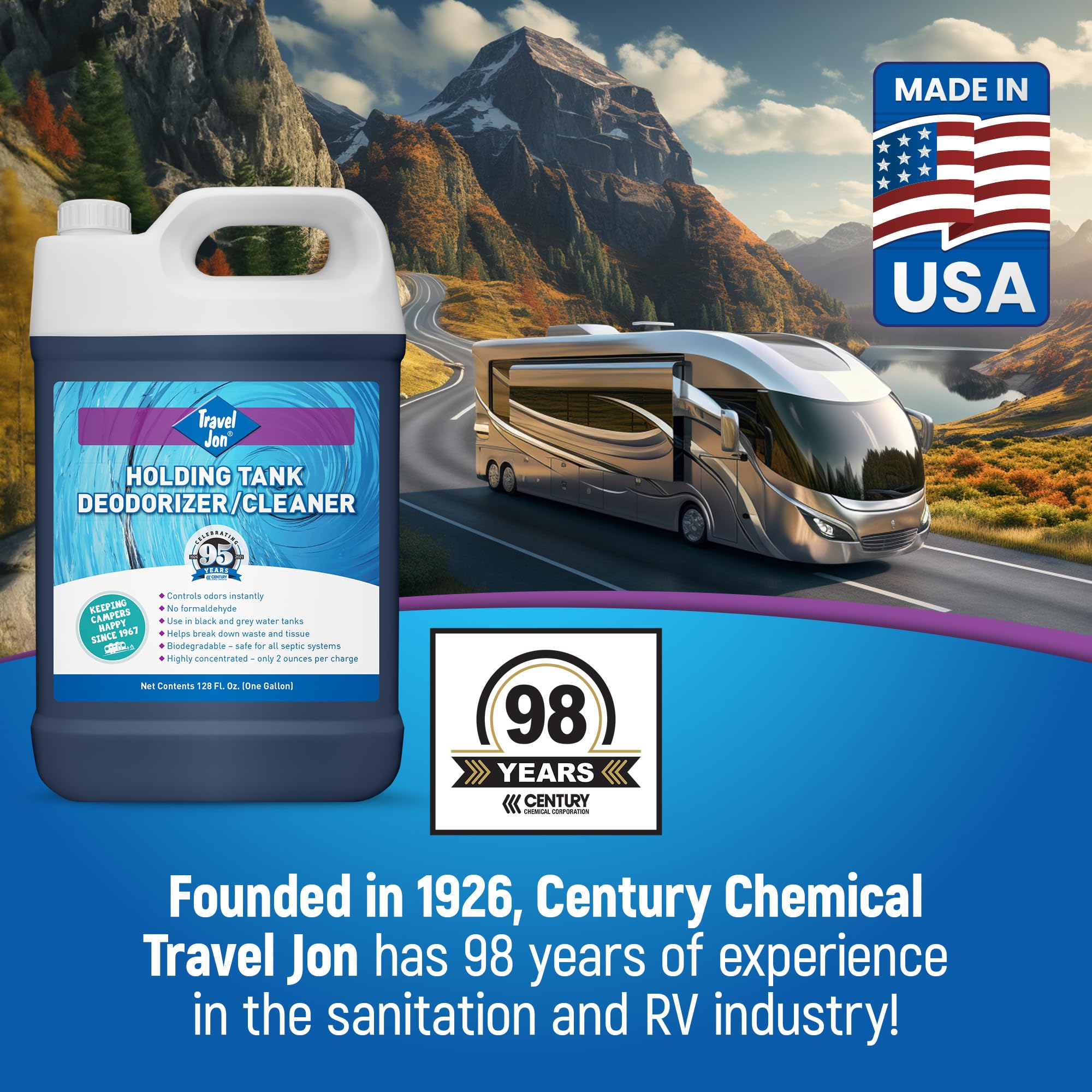 RV Toilet Treatment - Travel Jon, Black & Grey Water Tank Treatment, Powerful Deodorizer/Waste Digester - Tank Odor Eliminator, Breaks Down Sludge, Tissue | Fresh Scent (1 Gallon)