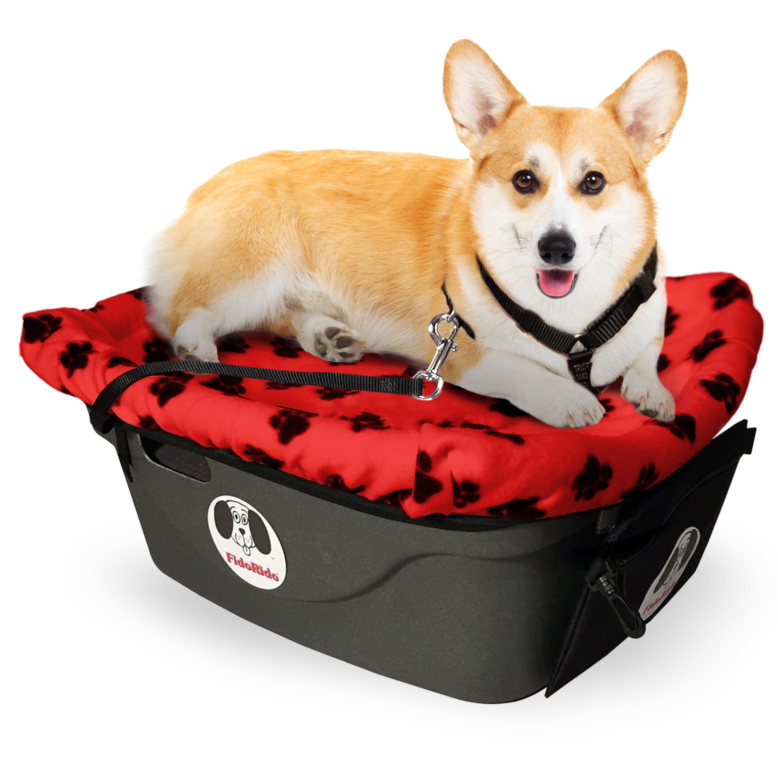 Dog Car Seat FidoRido - Pet Booster Seat for Small to Large Dogs with Comfortable Cushions, Sherpa Cover, and Safety Straps, Easy to Install, Ideal for Travel, Red, Black Paw Prints - Medium Harness