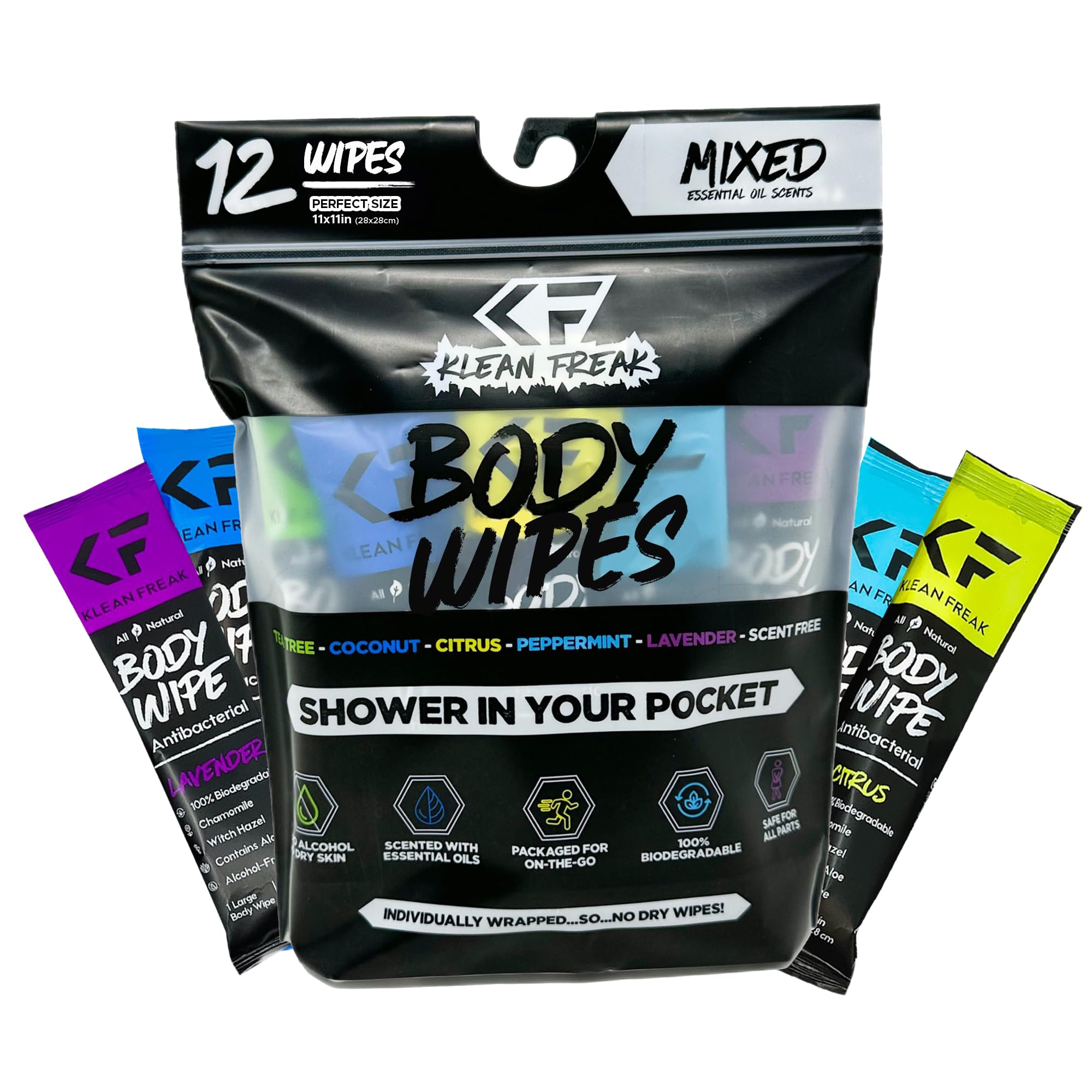 The Body Wipes Klean Freak - 12 count Individually Wrapped | Showerless Body Wipe for Women & Men | Sustainable Bodywipes for Gym, Travel, Camping | Mixed