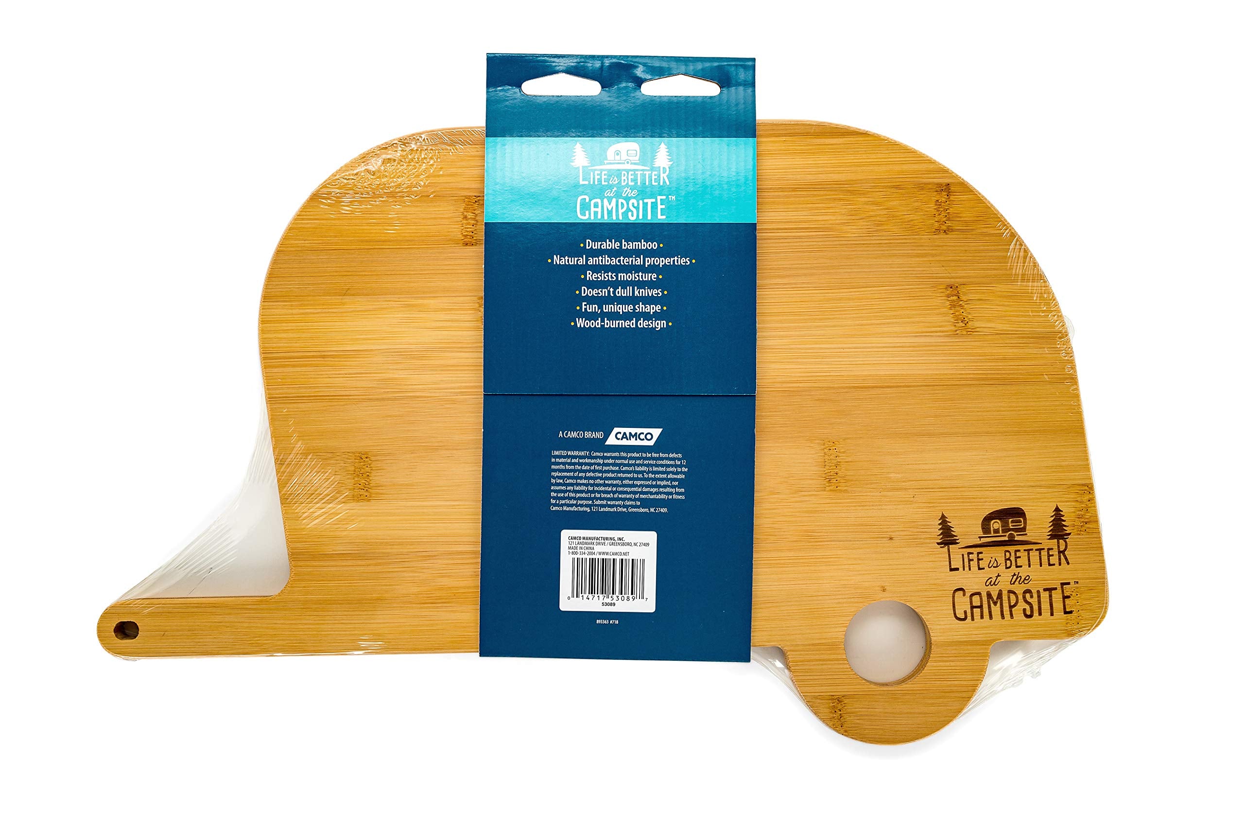 Camco RV Shaped Life is Better at The Campsite Bamboo Wood Cutting Board for Food Prep-Doesn't Dull Knives, Resists Moisture (53089)