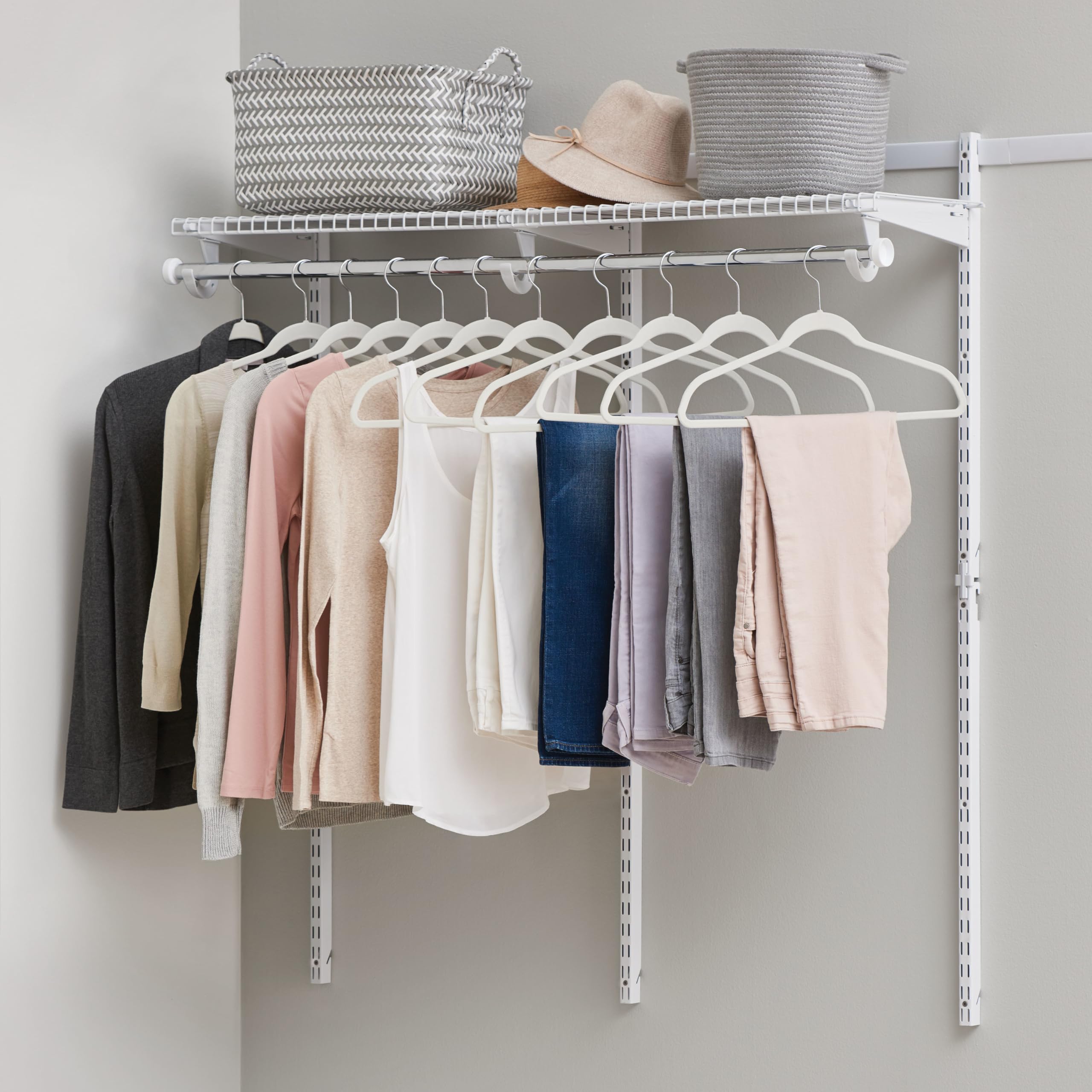 Configurations Rubbermaid Custom Closet Kit 2-4 Ft. Adjustable Metal Wire Shelving White Finish Expandable Organization System Hardware Included for Home Closet/Pantry/Laundry/Mudroom
