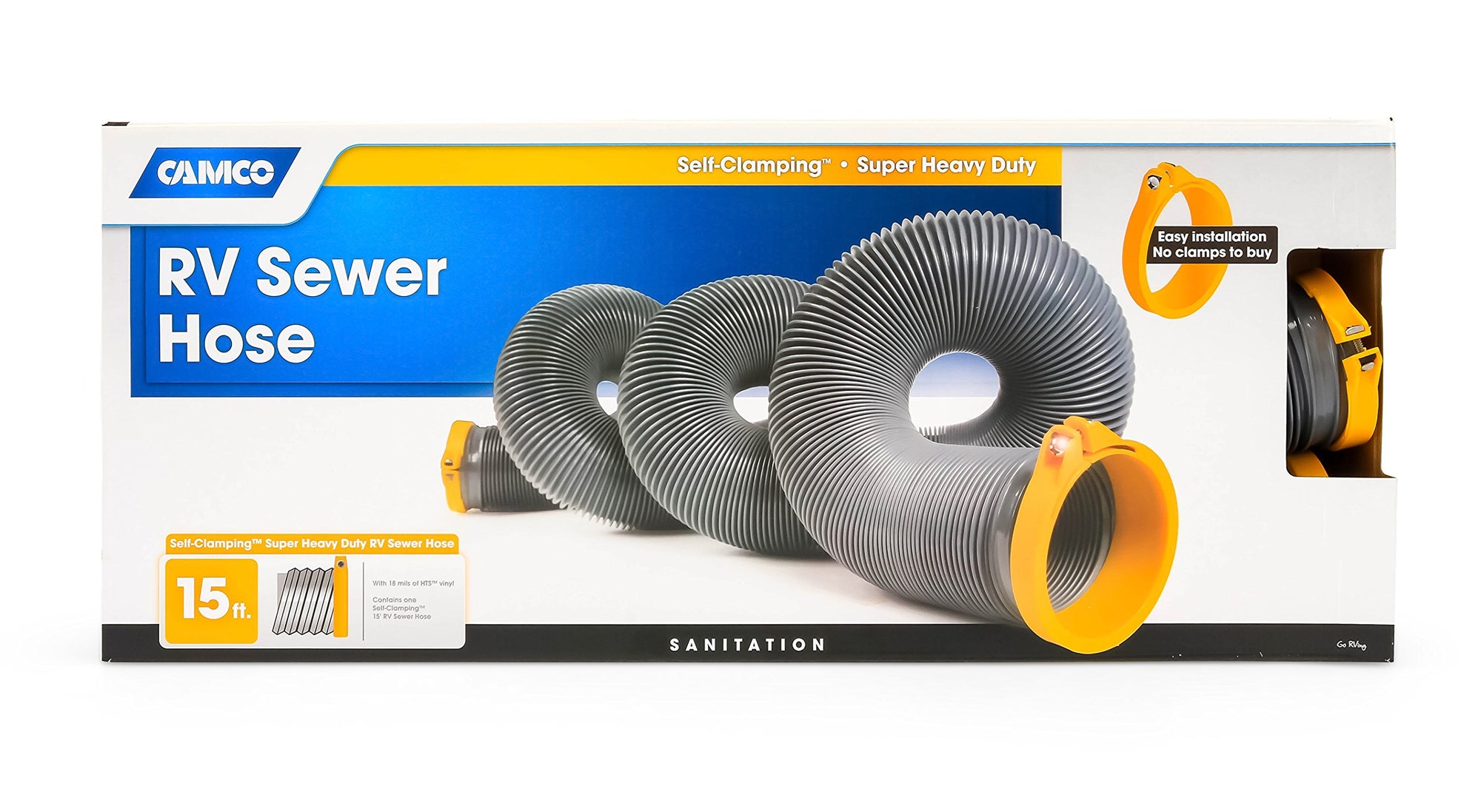 Camco High Tensile Strength Durable Vinyl Sewer Hose with Steel Wire Core and Self Clamping Fittings – 15’ Hose, Great for Year Round RVing Compresses to 34” for Simple and Easy Storage, Gray (39901)