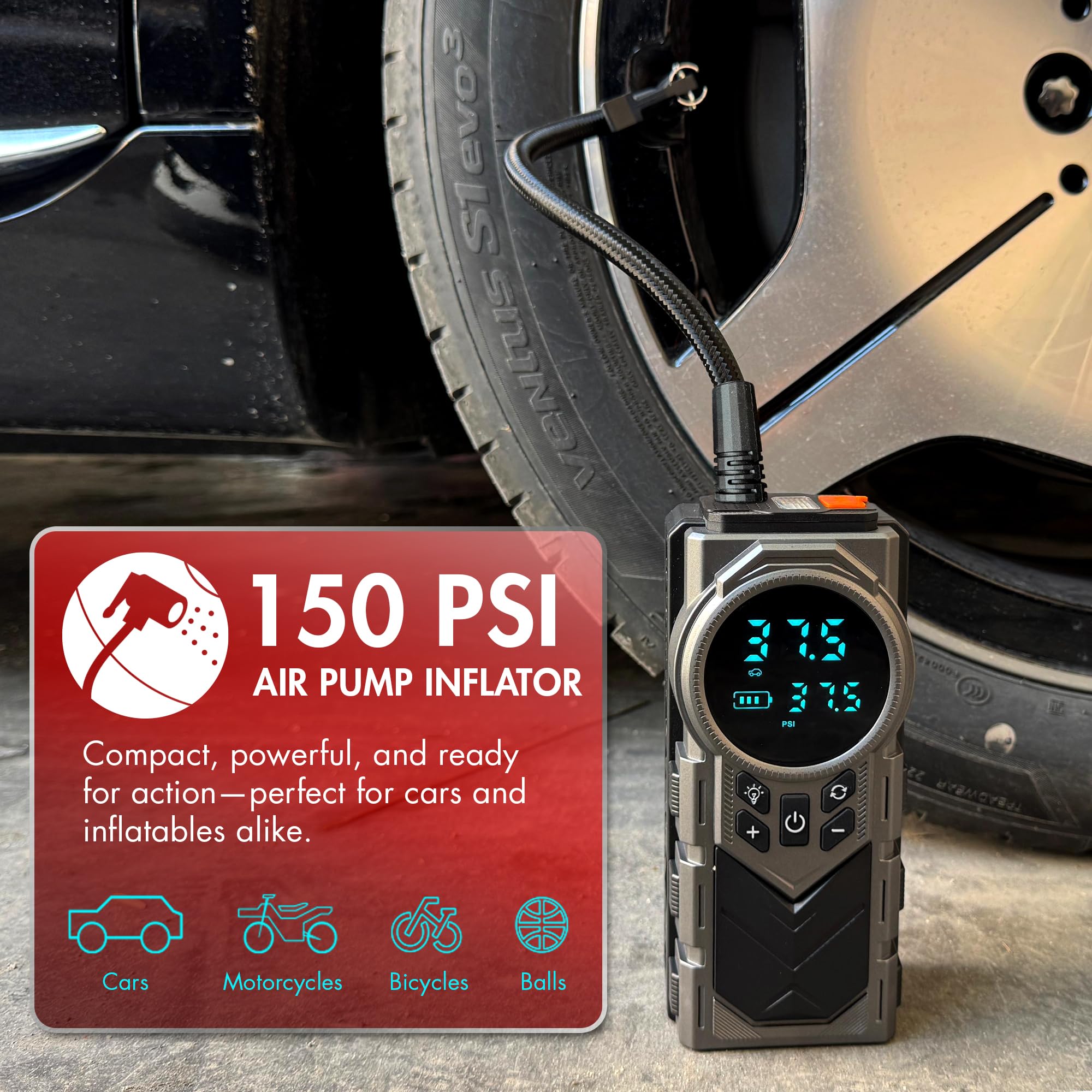 Wagan iOnBoost V10 Air Jump Starter with Tire Inflator Portable 1500A Peak 12V Lithium Car Battery Booster with 150PSI Air Compressor LCD Pressure Display Built-in LED Light UL Certified
