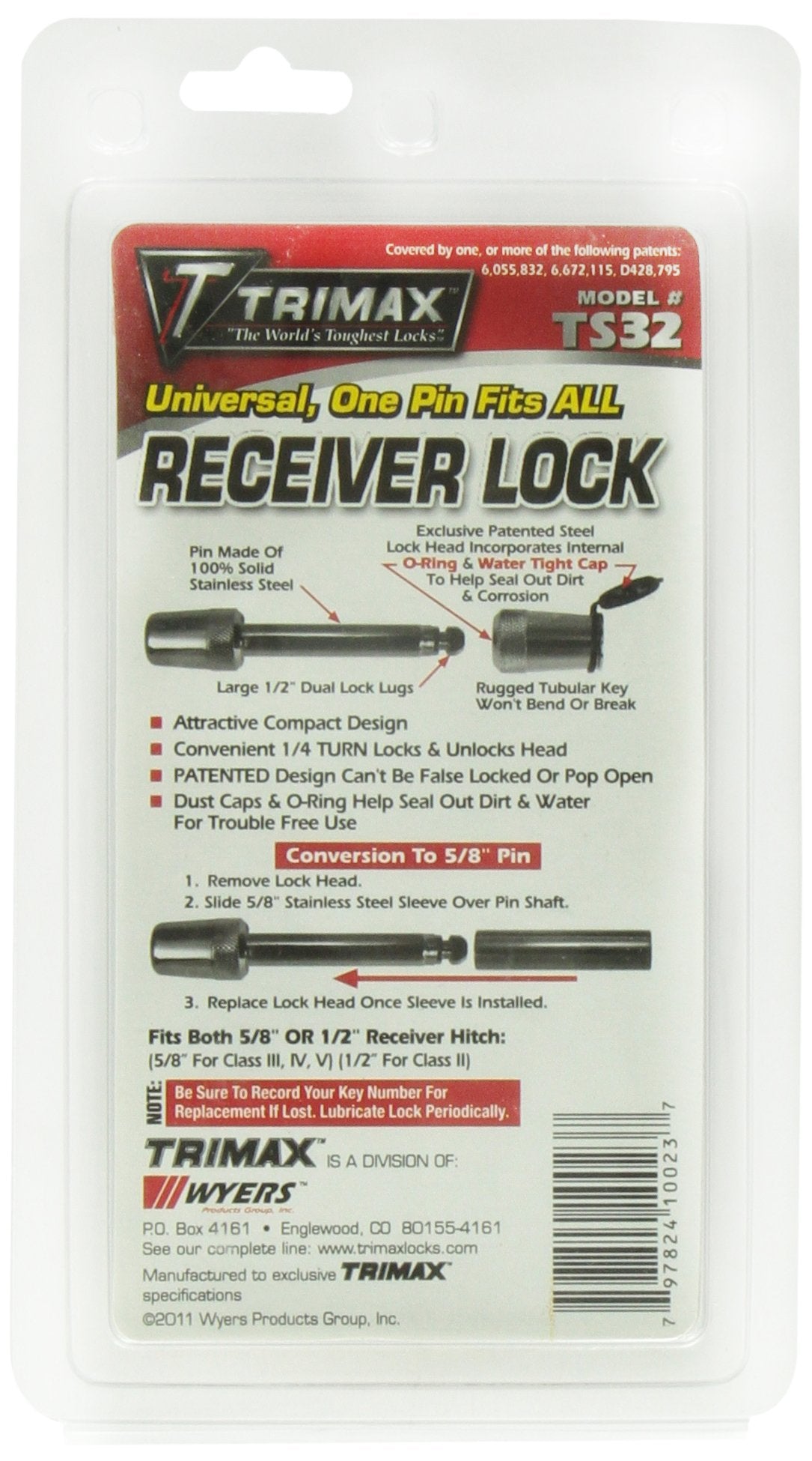 Trimax Universal Receiver Lock TS32 - Fits 1/2" and 5/8" with Stainless Steel Sleeve