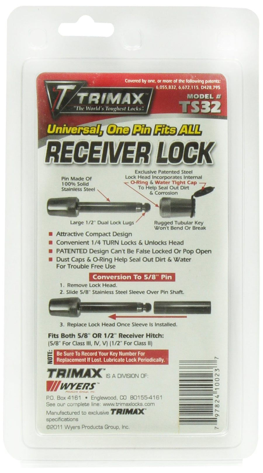 Trimax Universal Receiver Lock TS32 - Fits 1/2" and 5/8" with Stainless Steel Sleeve